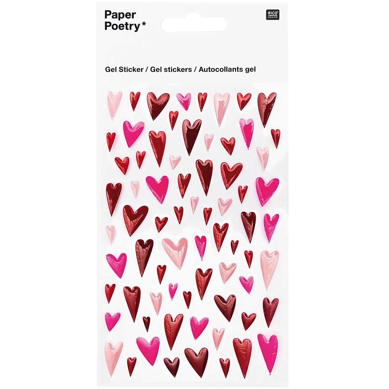 Paper Poetry Gelsticker Herzen lang mit roten und rosa Herzmotiven von Rico Design auf weißem Hintergrund.