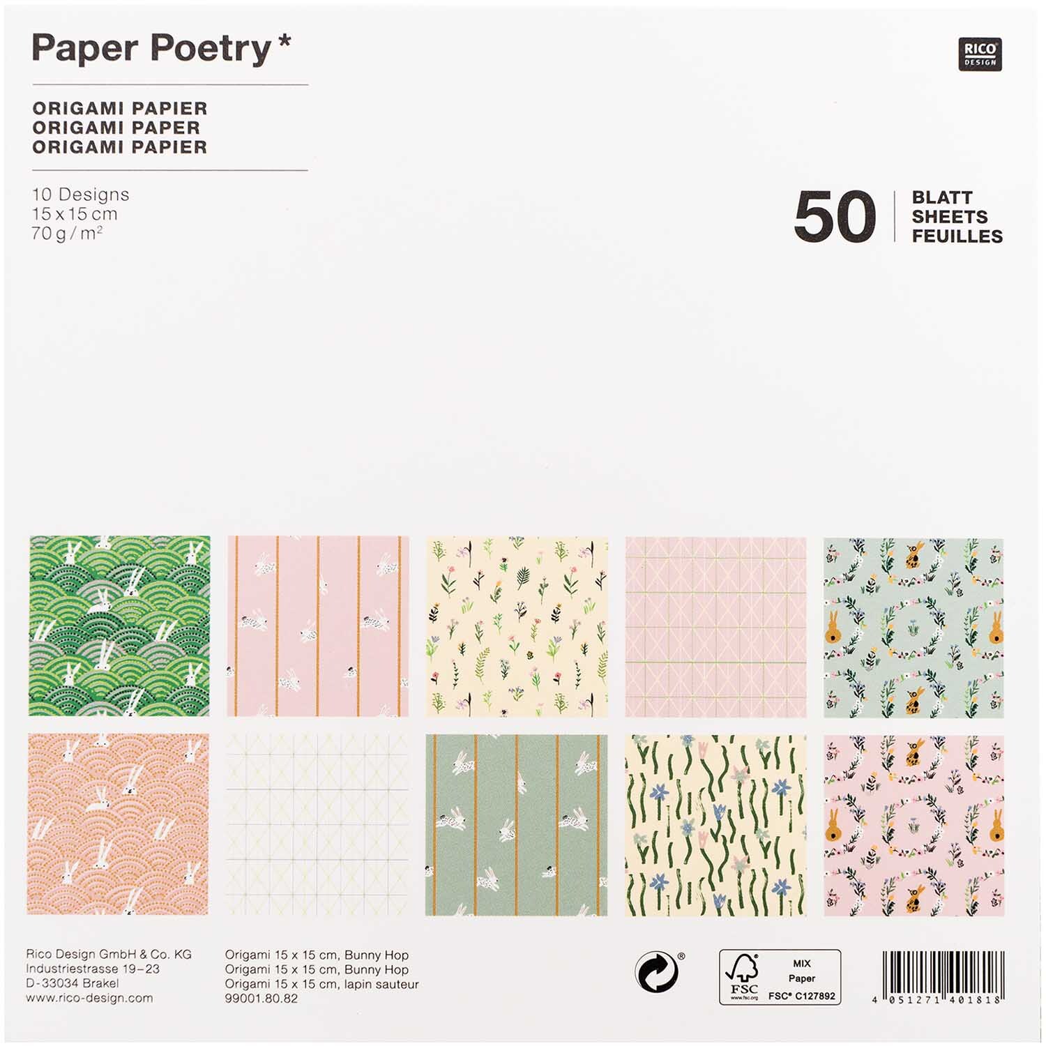 Paper Poetry Origami Bunny Hop 15x15cm 50 Blatt zeigt 10 bunte Origami-Papierdesigns von Rico Design.