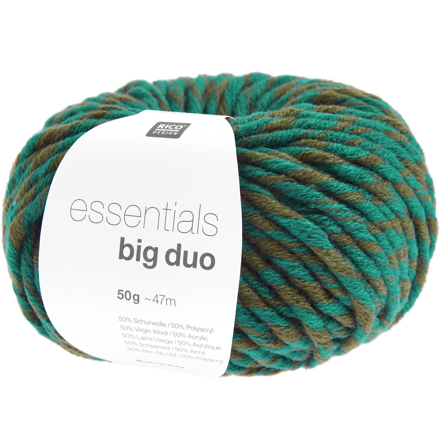 Essentials Big Duo 50g 47m Couleur Pétrole clair/olive from Rico Design Essentials Big Duo Wolle in Hellpetrol und Oliv von Rico Design, 50g Knäuel, 47m Länge.
