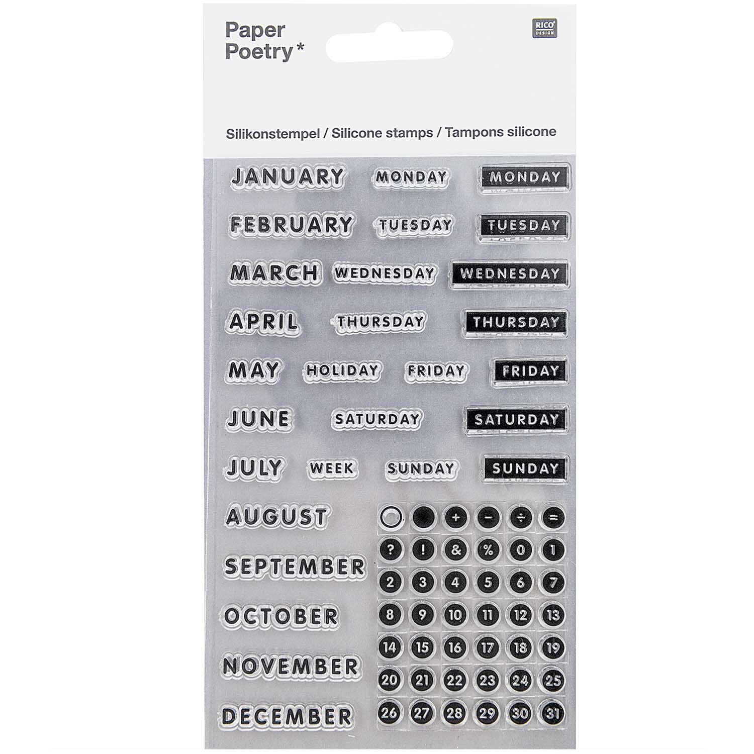 Paper Poetry Silikonstempel-Set mit Monats- und Wochentagsstempeln, ideal für Kalendergestaltung.