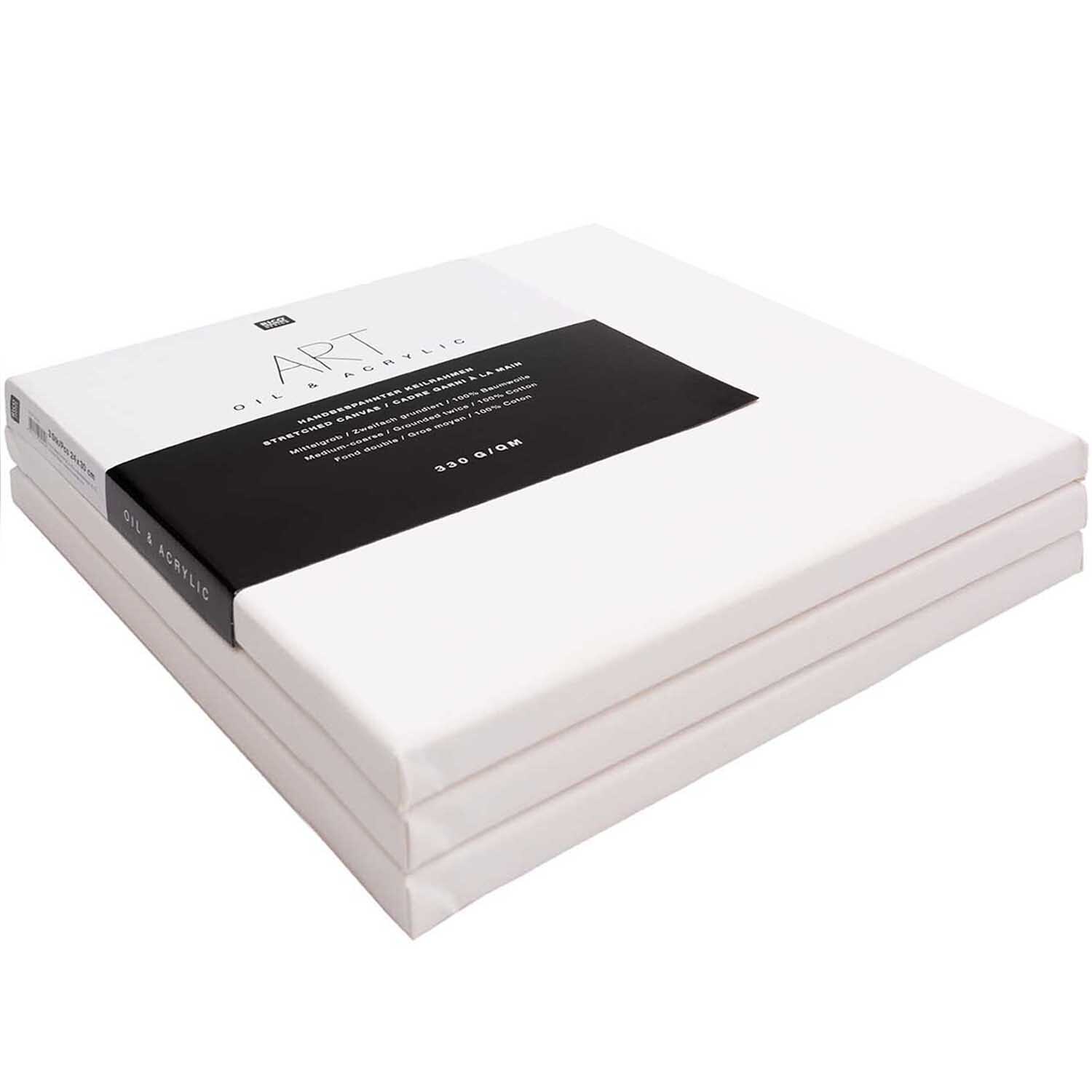 ART Keilrahmenset 3 Stück Größe 10x10cm von Rico Design ART Keilrahmenset 3 Stück von Rico Design, bestehend aus drei weißen Leinwänden, gestapelt.