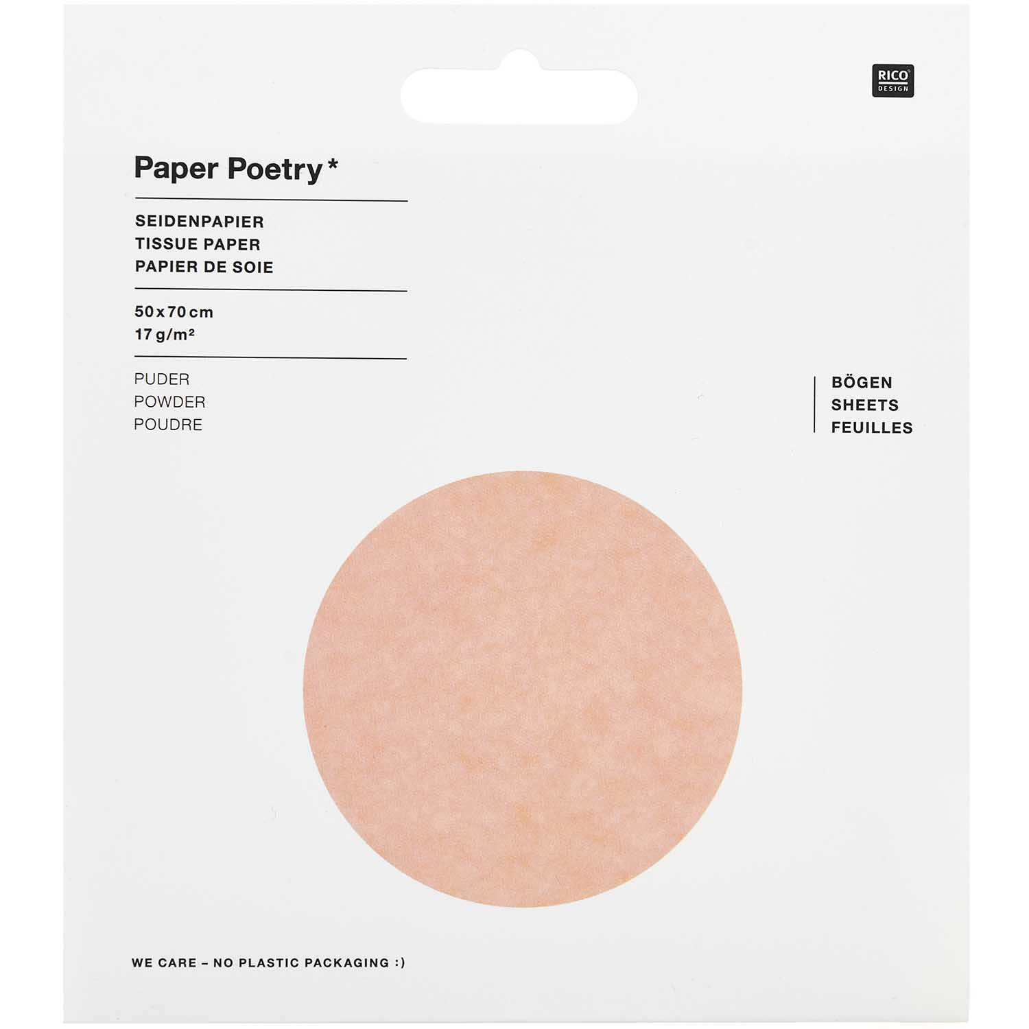 Paper Poetry Seidenpapier in Puderfarbe, 50x70cm, 17g/m², 5 Bögen von Rico Design, auf weißem Hintergrund.