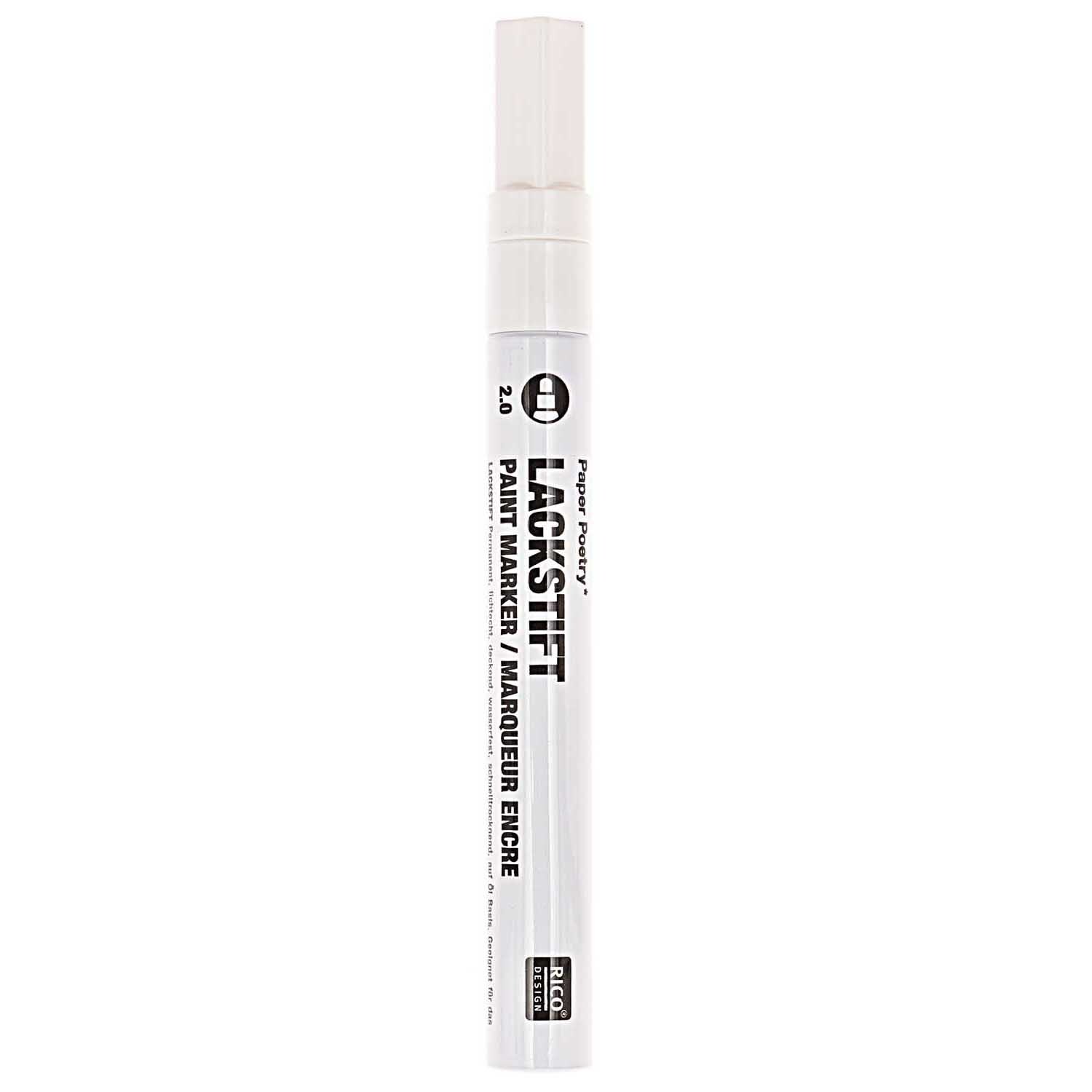 Lackmarker 2,0mm von Rico Design in Weiß, ideal für präzises Zeichnen und Beschriften.