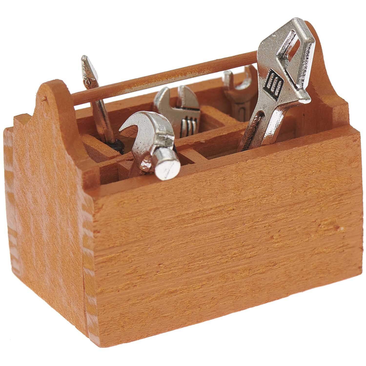 Miniatur Werkzeugkoffer mit Werkzeug, 7-teilig, aus Holz mit verschiedenen Metallwerkzeugen. Ideal für Modellbau und Sammler.