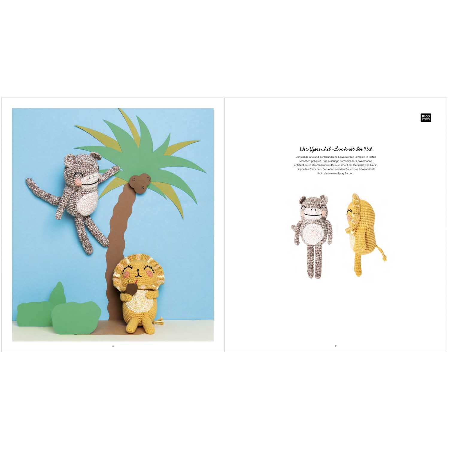 Ricorumi Wild Wild Animals von Rico Design Ricorumi Wild Wild Animals: Zwei gehäkelte Tiere, ein Affe und ein Löwe, klettern an einer Palme. Ideal für kreative Handarbeitsprojekte.