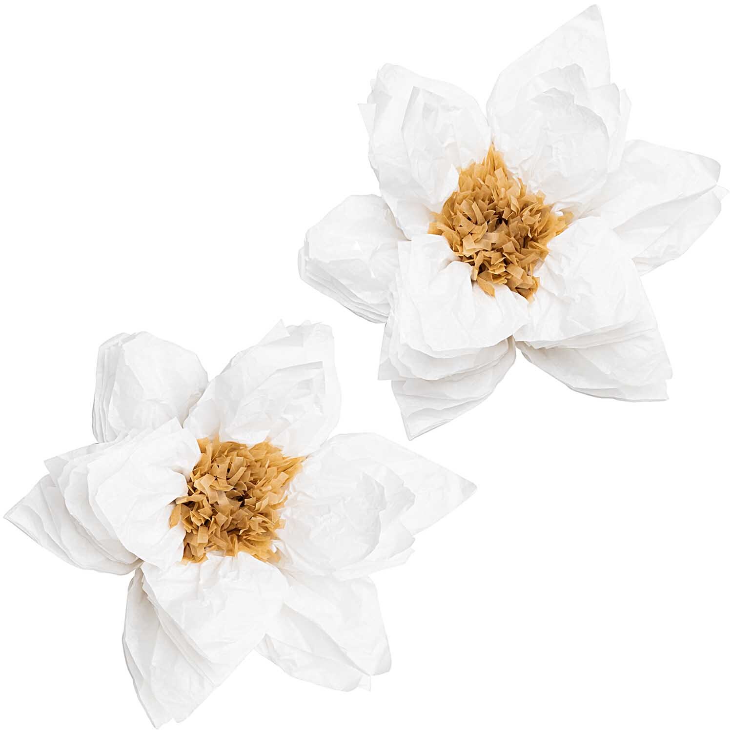 Seidenpapierblumen Weihnachtsstern 40cm, zwei weiße Blumen mit goldener Mitte von Rico Design.