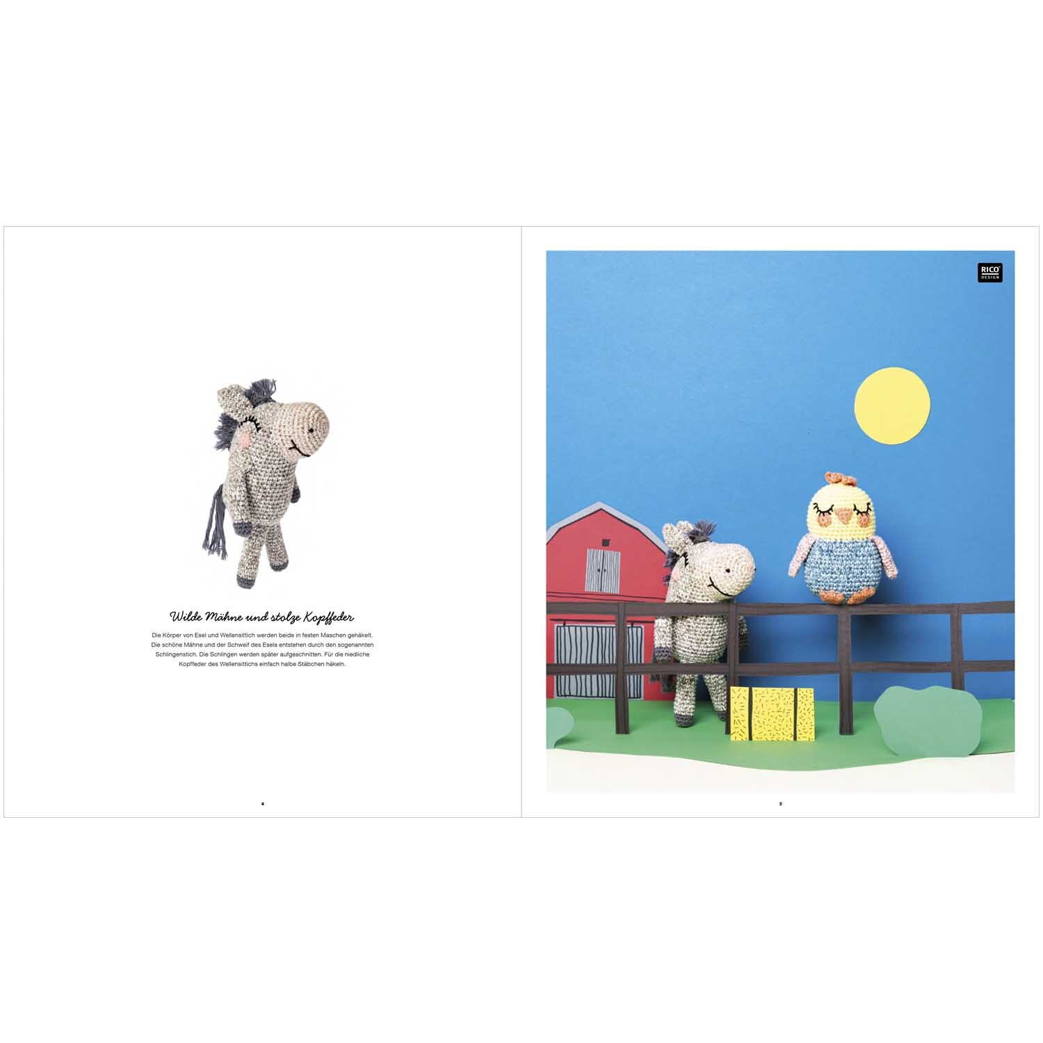 Ricorumi Wild Wild Animals von Rico Design Ricorumi Wild Wild Animals: Zwei gehäkelte Tiere, ein Schaf und eine Eule, vor einer Scheune bei Sonnenschein.