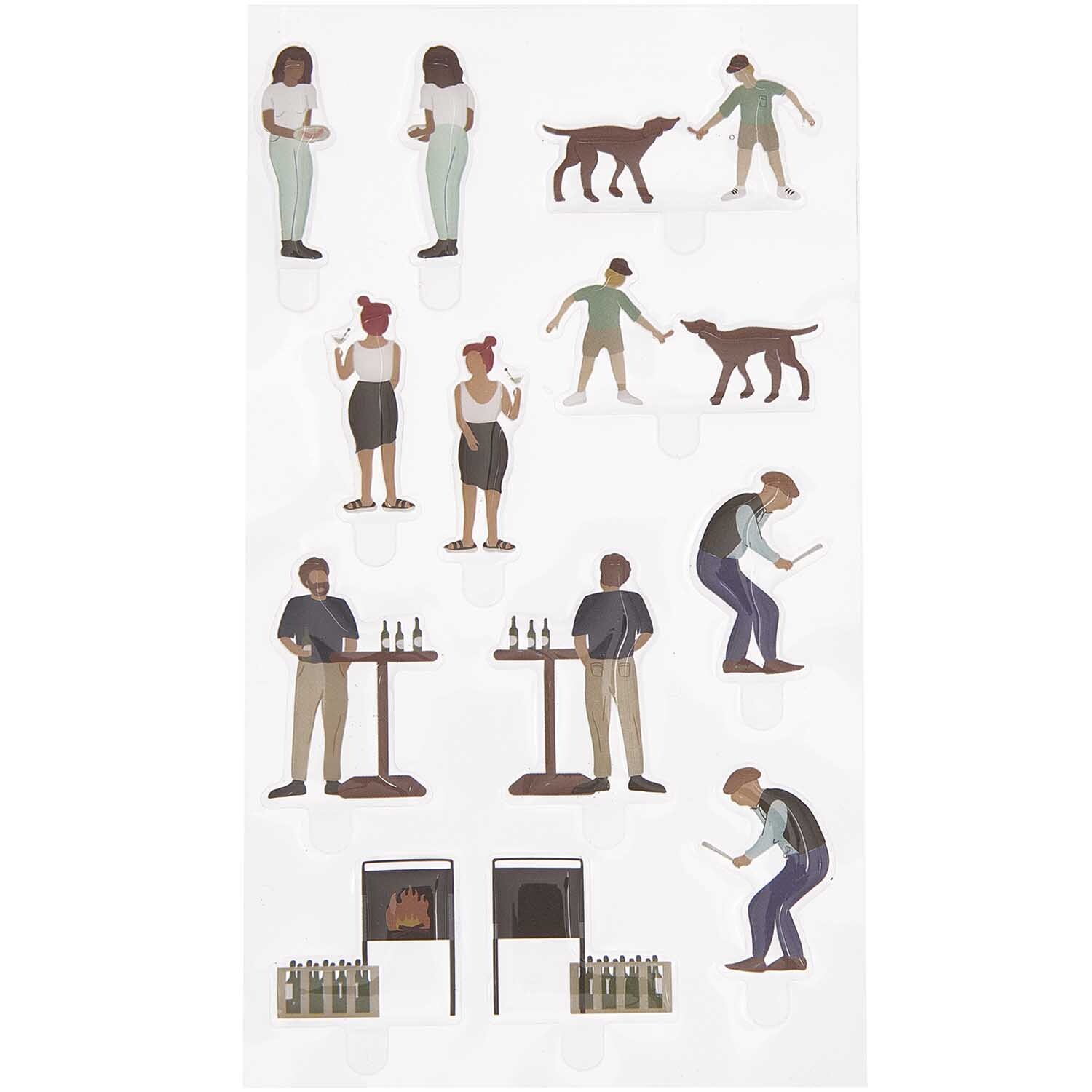 Figurico Gelsticker Gartenparty: Verschiedene Figuren bei einer Gartenparty mit Hund, Grill und Getränken. Ideal für kreative Bastelprojekte.