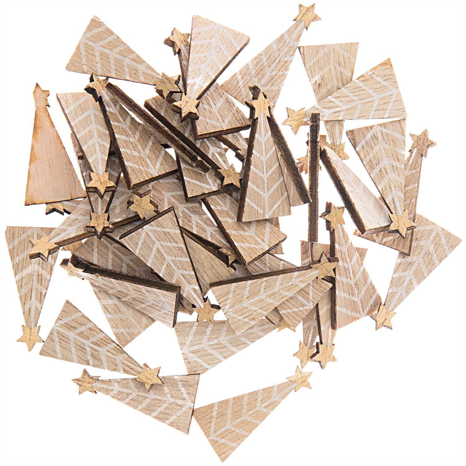 Holzstreu Tannenbaum natur 15x30mm 48 Stück von Rico Design. Dekorative, natürliche Holzstreuteile in Tannenbaumform mit Sternen, ideal für Bastelprojekte.