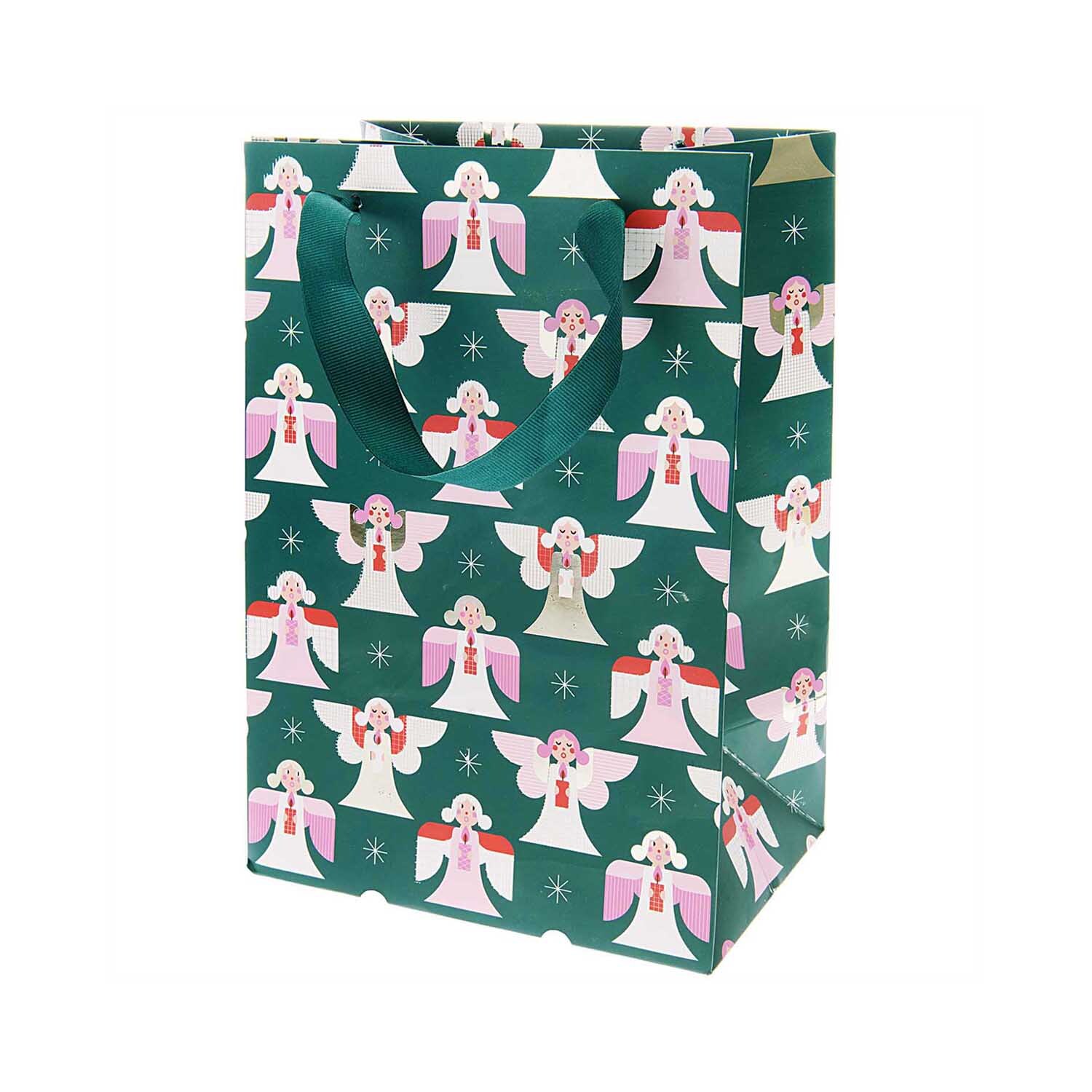 Paper Poetry Geschenktüte mit Engelmotiv auf dunkelgrünem Hintergrund, ideal für Geschenke.