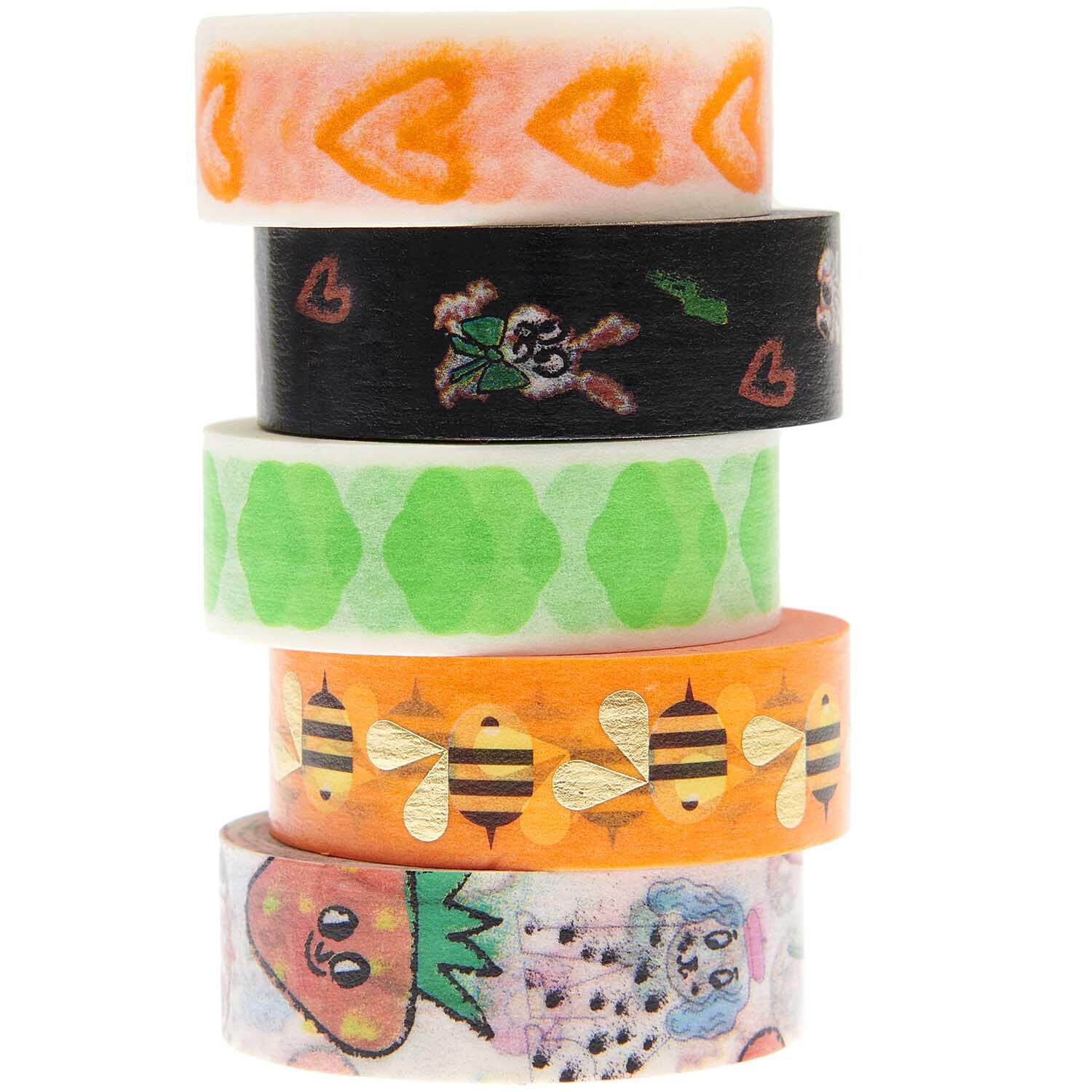 Paper Poetry Tape Set Airbrush 15mm 10m: Fünf bunte Washi-Tapes mit Herz-, Bienen- und Tiermotiven von Rico Design.