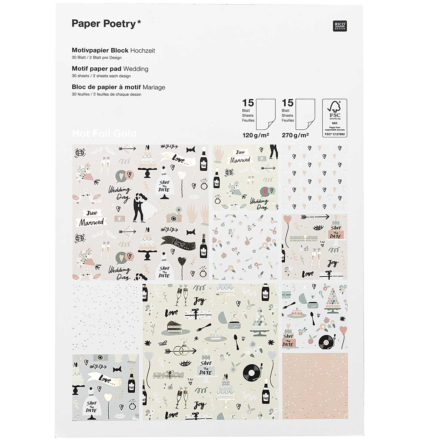 Paper Poetry Motivpapierblock Hochzeit 30 Blatt von Rico Design Paper Poetry Motivpapierblock Hochzeit mit 30 Blättern zeigt verschiedene Hochzeitsmotive. Ideal für kreative Projekte und Bastelarbeiten.