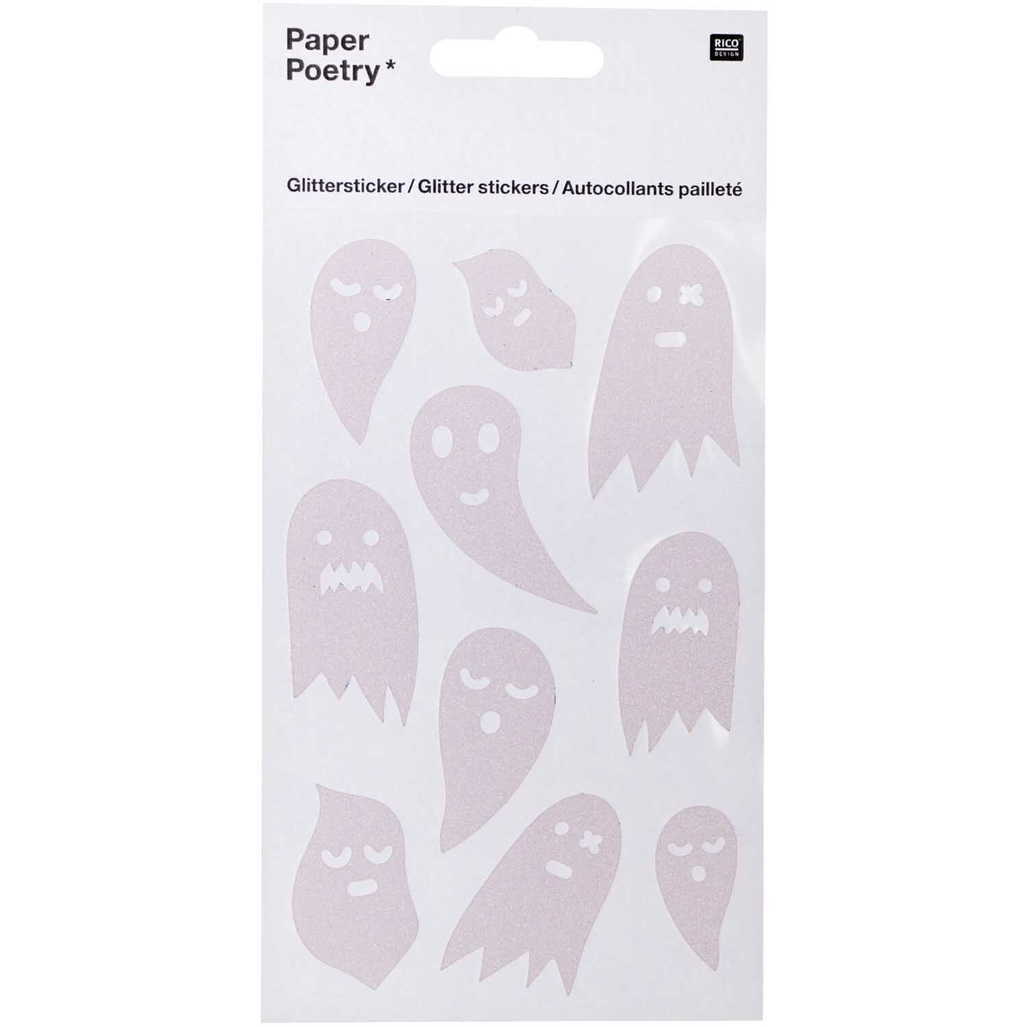 Paper Poetry Glittersticker Geister von Rico Design: Rosa Geistersticker auf weißem Hintergrund, ideal für kreative Projekte.