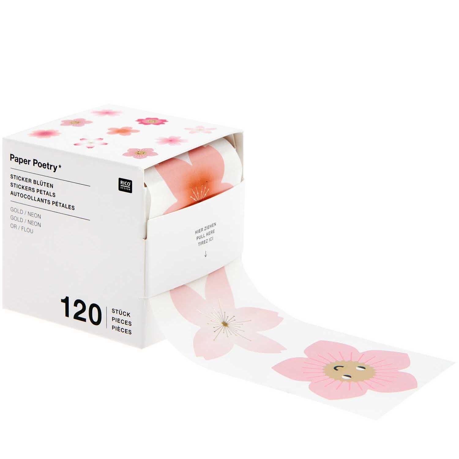 Paper Poetry Sticker Kirschblüten auf Rolle, 120 Stück, zarte Blütenmotive in Rosa von Rico Design.