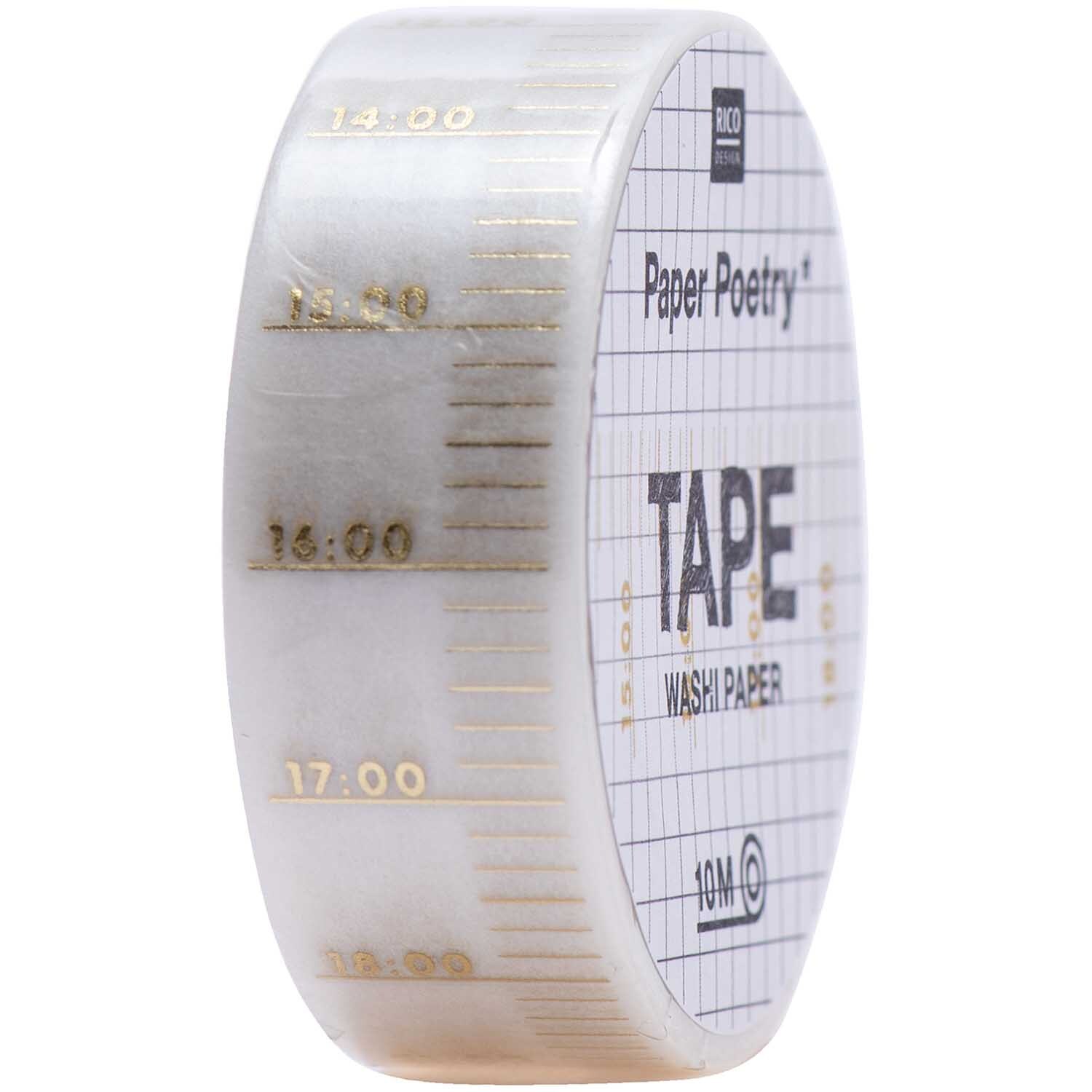 Paper Poetry Tape Uhrzeit in Weiß-Gold, 1,5 cm breit, 10 m lang, seitlich gezeigt mit goldenen Details.