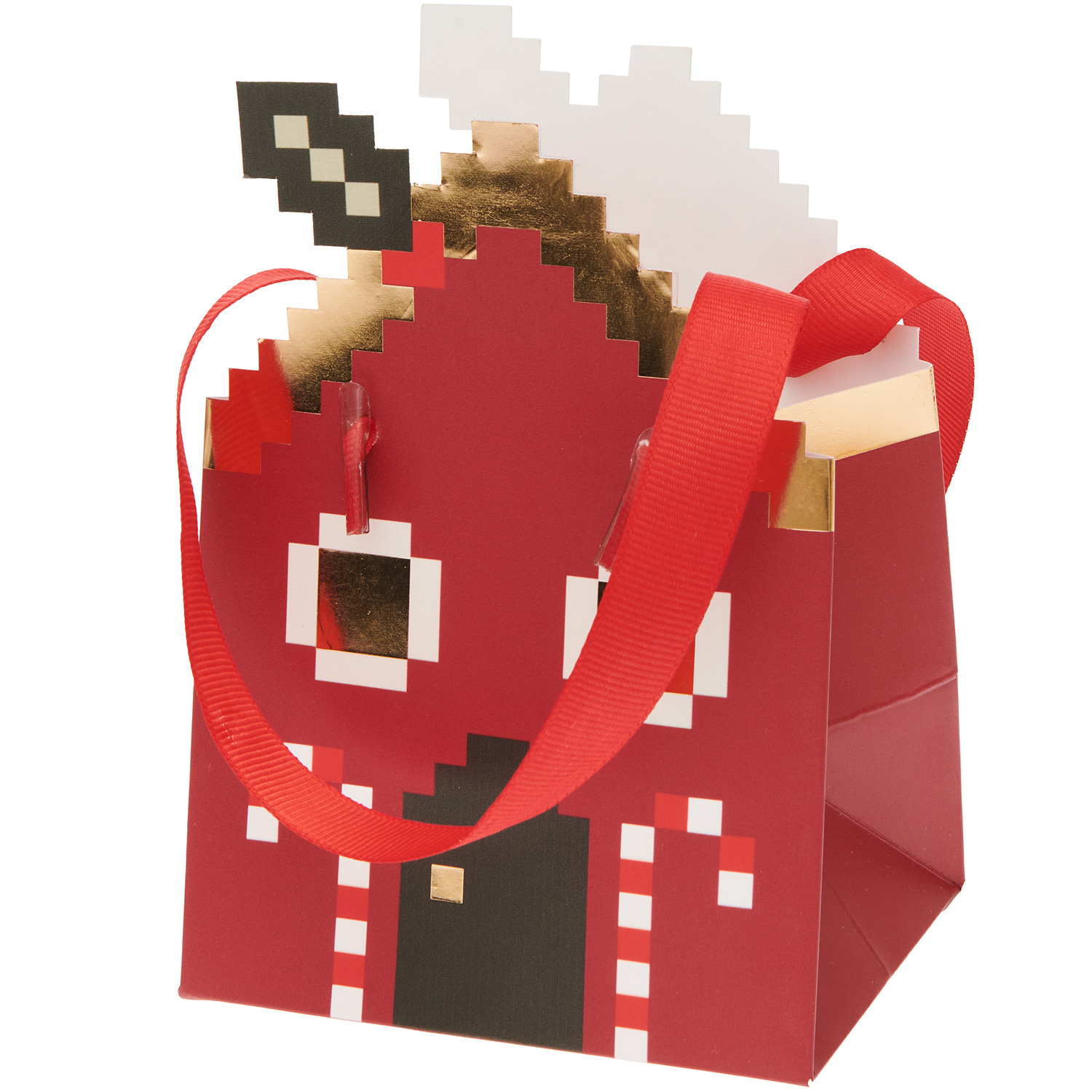 Geschenktüte Lebkuchenhaus Mini mit rotem Pixel-Design und goldenen Akzenten, 10x14x8cm.