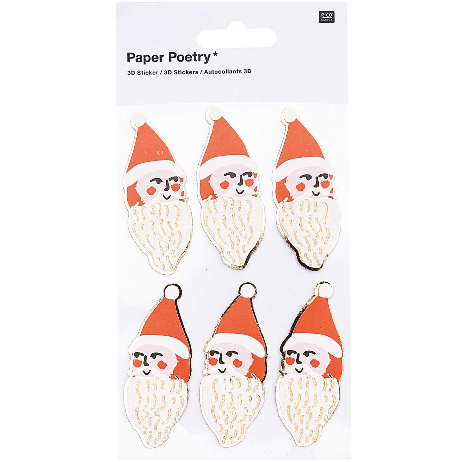 Paper Poetry 3D Sticker Nostalgic Christmas zeigt sechs lächelnde Nikoläuse in rot-weiß.