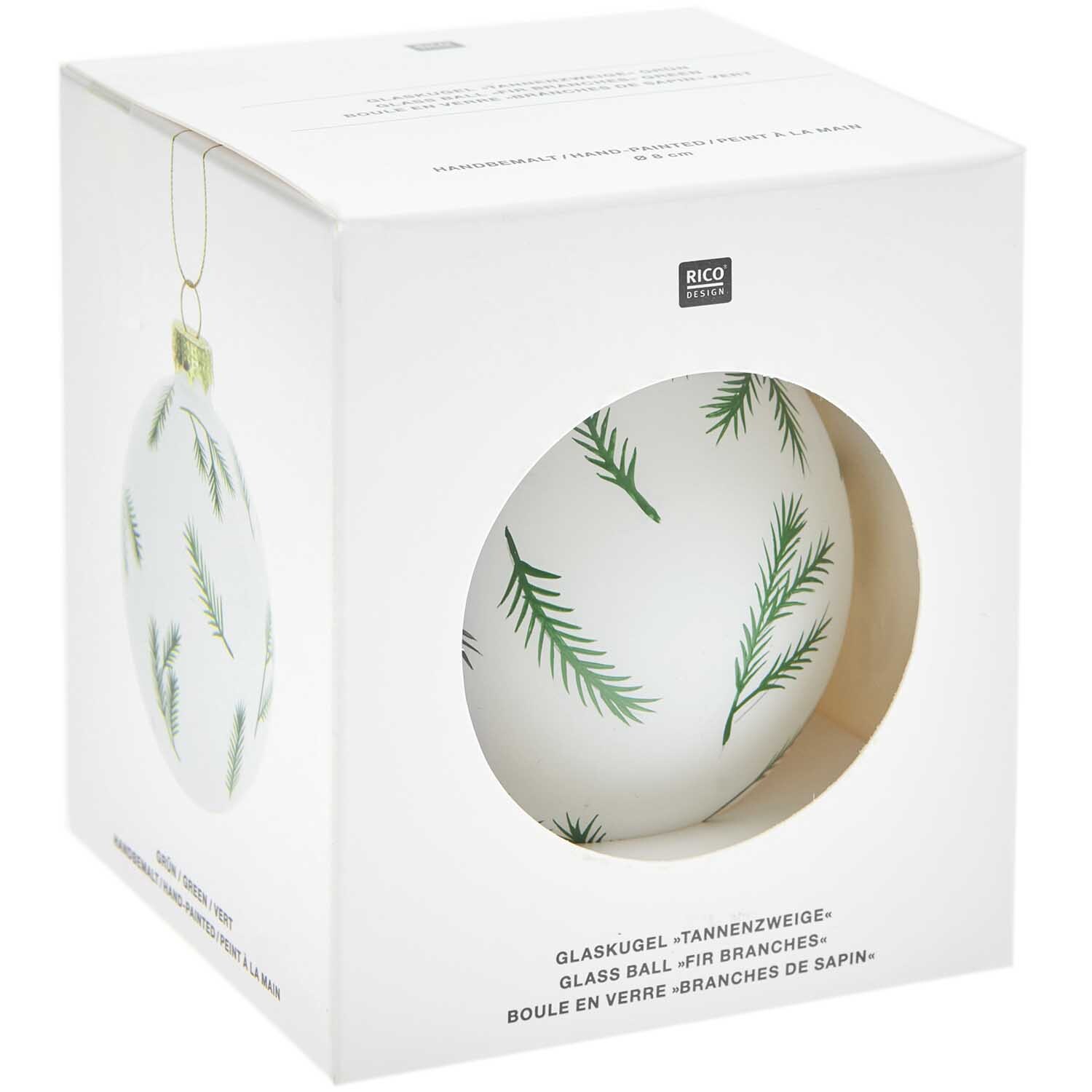 Glaskugel Baumschmuck mit Tannenzweigen grün Ø 8cm von Rico Design