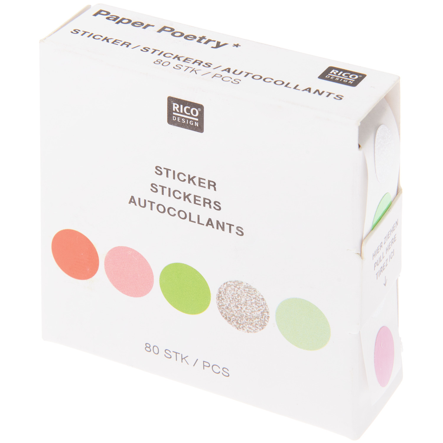 Mini-Sticker Kreise Neon/Silber auf der Rolle von Rico Design, 80 Stück, bunte Kreise auf weißem Hintergrund.
