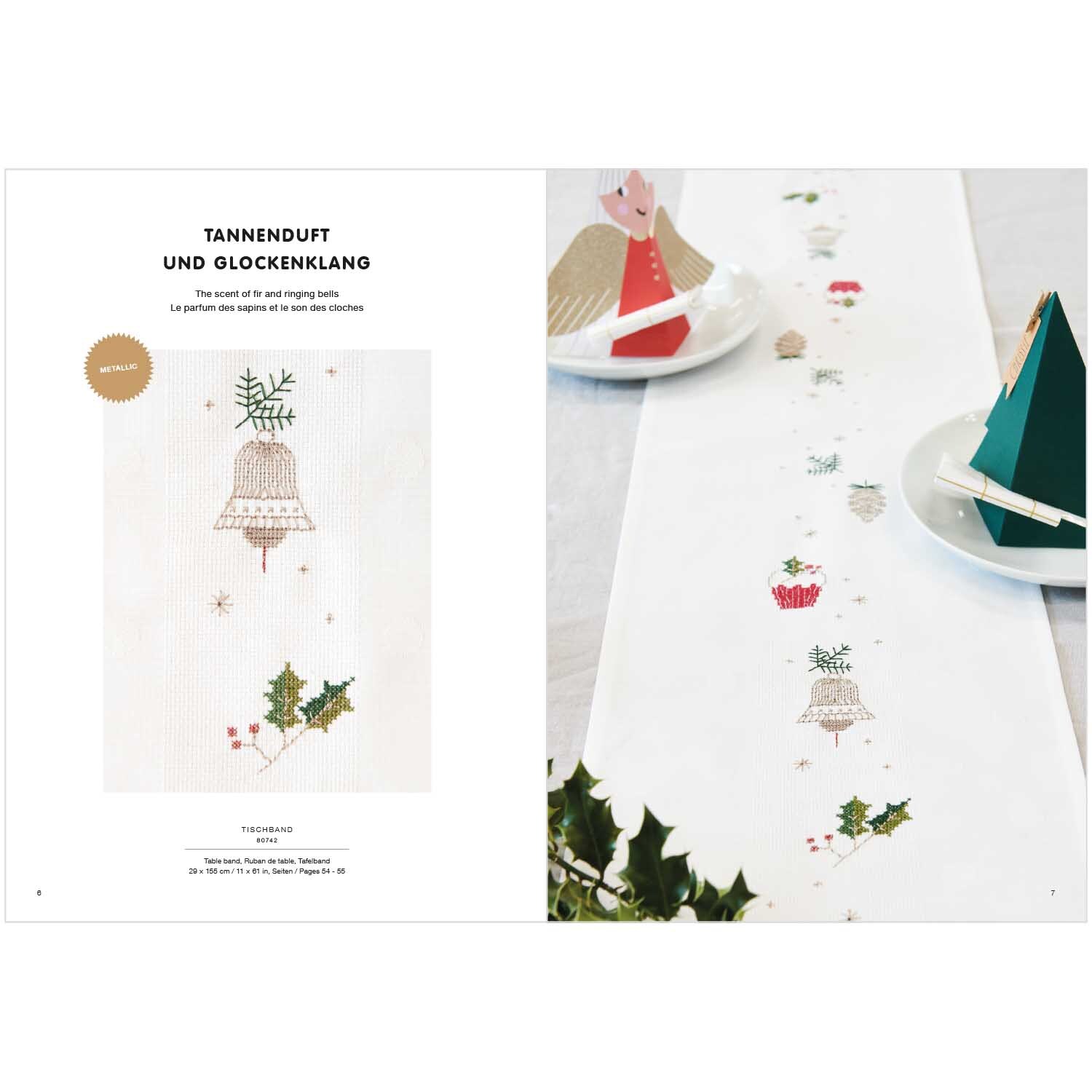Livret de broderie I love Christmas No. 180 from Rico Design Stickbuch I love Christmas Nr. 180 zeigt festliche Stickmuster auf einem Tischläufer mit Glocken und Tannenzweigen.
