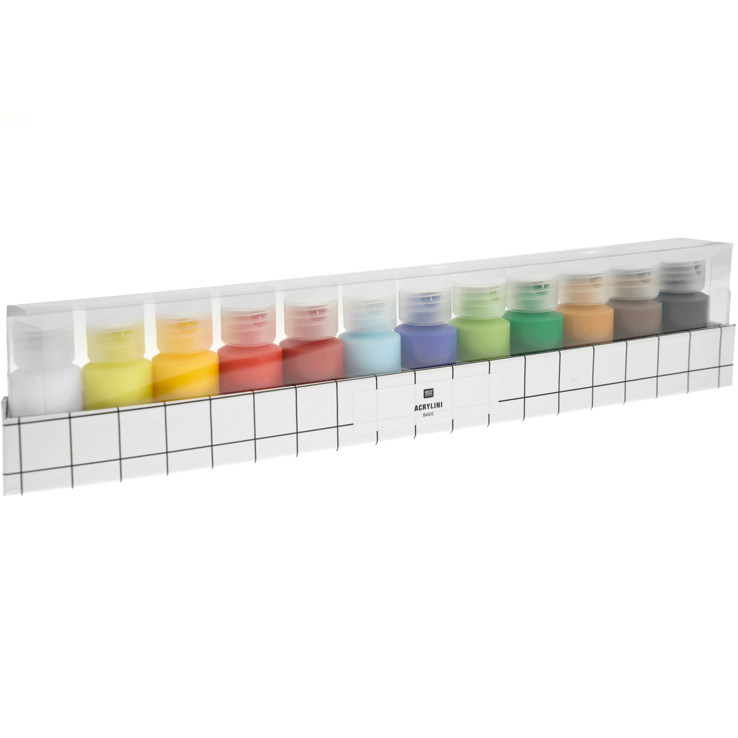 Acrylini Acrylfarben Set Basic mit 12 bunten Farben in 22ml Flaschen, ideal für kreative Projekte.