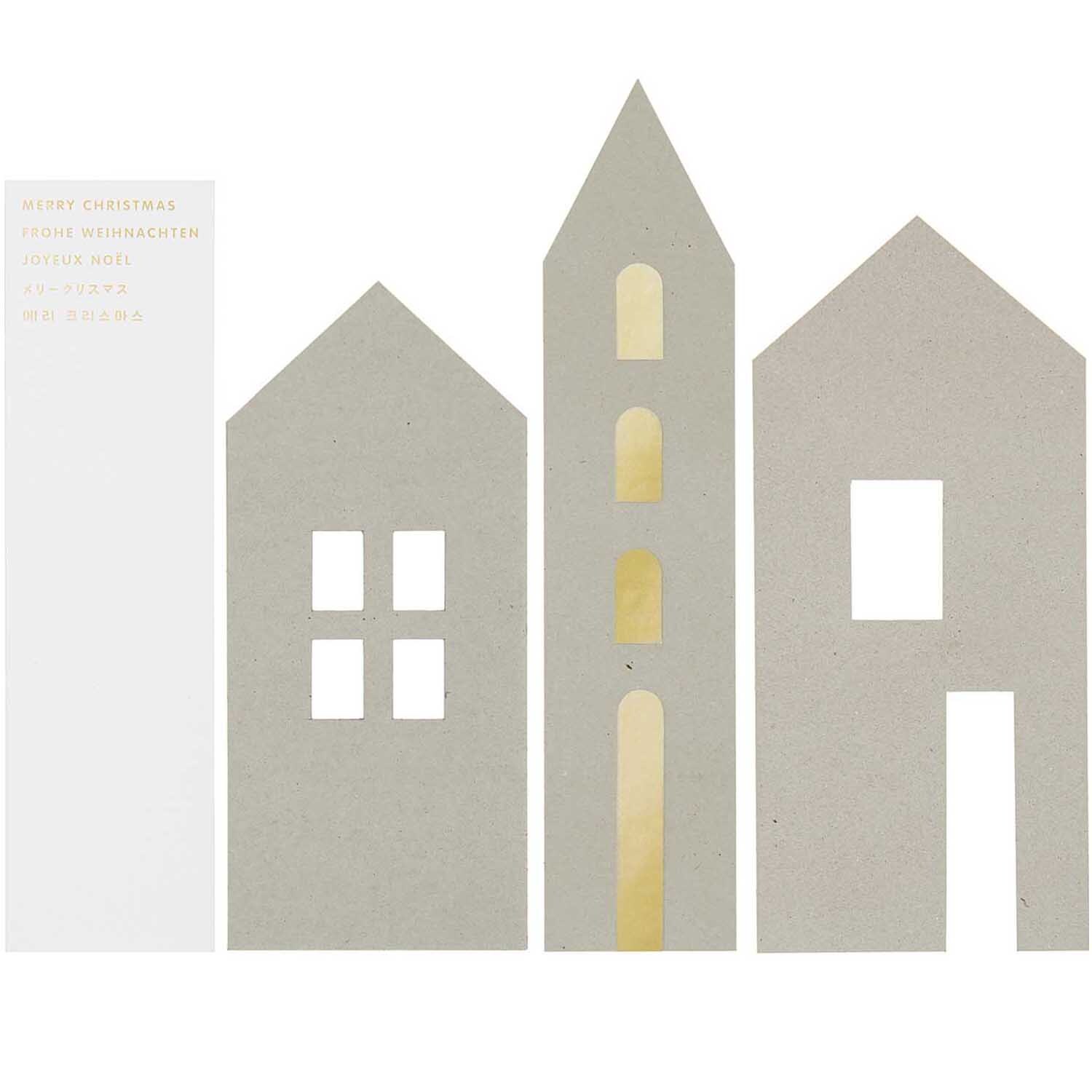 Paper Poetry Postkartendeko-Set mit vier grauen Häusern von Rico Design, ideal für kreative Weihnachtsdekorationen.
