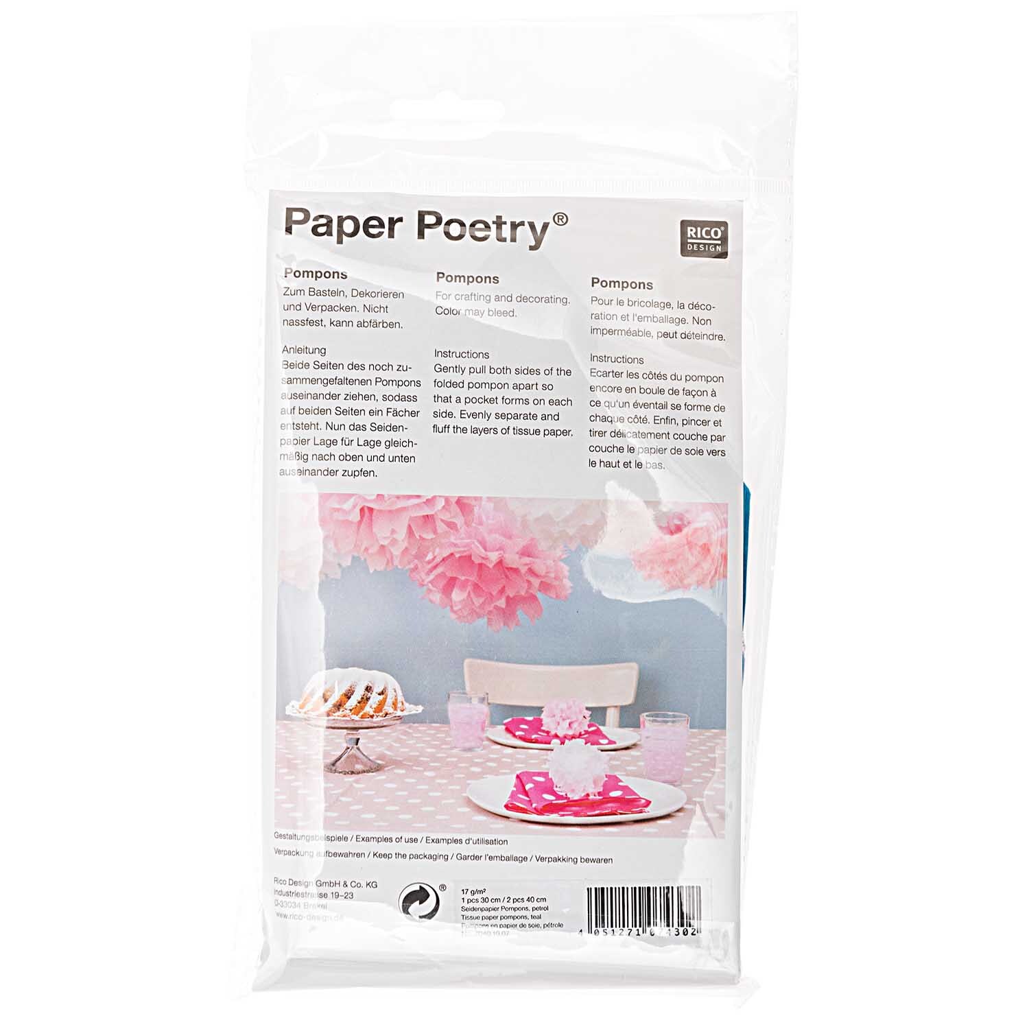 Seidenpapier Pompons 17g/m² 3 Stück Farbe Petrol von Rico Design Seidenpapier Pompons 17g/m² 3 Stück von Rico Design in Petrol, ideal für kreative Dekorationen.