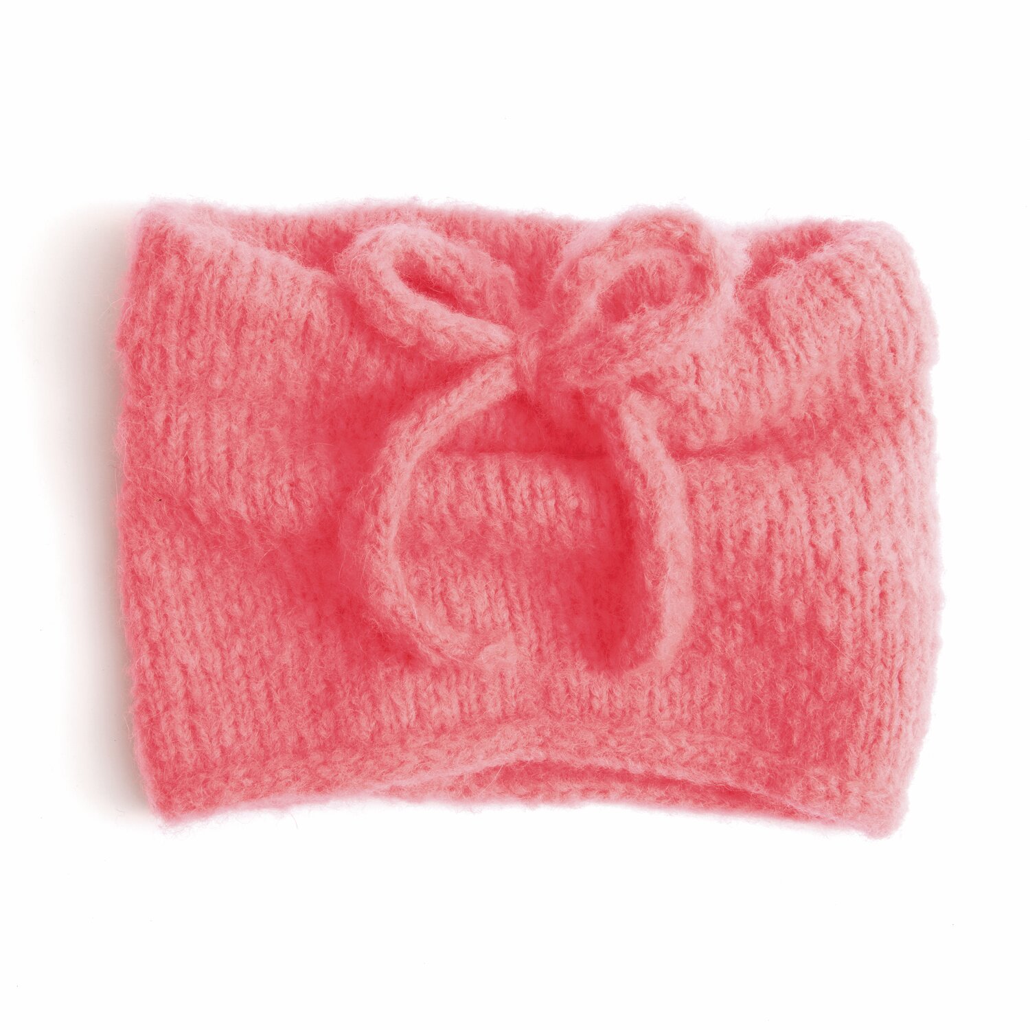 Luxury Pure Baby Alpaca 50g 150m Farbe Koralle von Rico Design Made by Me No. 21 Herbst-Winter Stirnband aus weicher Baby-Alpaka-Wolle in Koralle mit dekorativer Schleife.