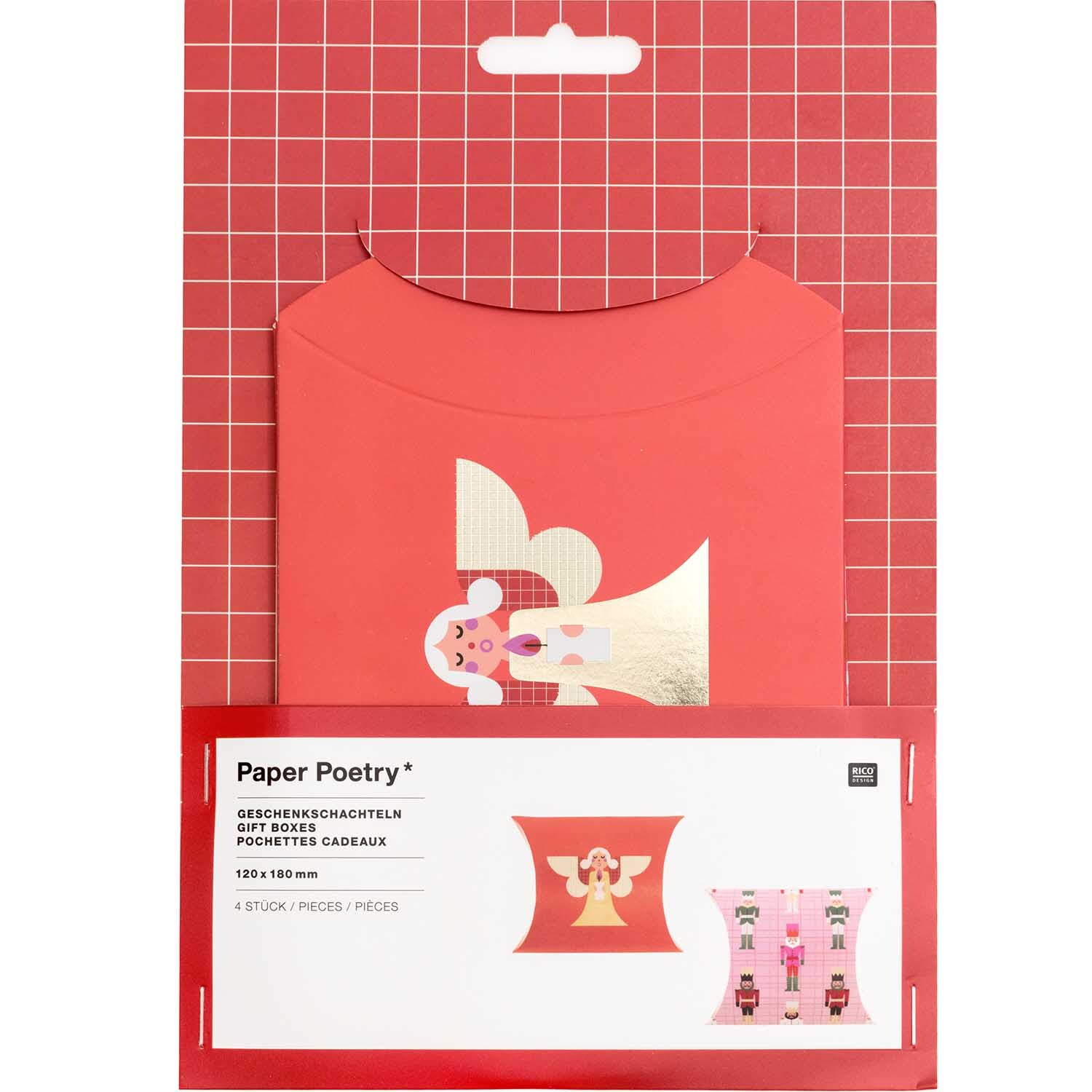 Paper Poetry Geschenkschachtel mit Weihnachtsfiguren, 4 Stück, zeigt Engel und Nussknacker auf rotem Hintergrund. Ideal für festliche Geschenke.