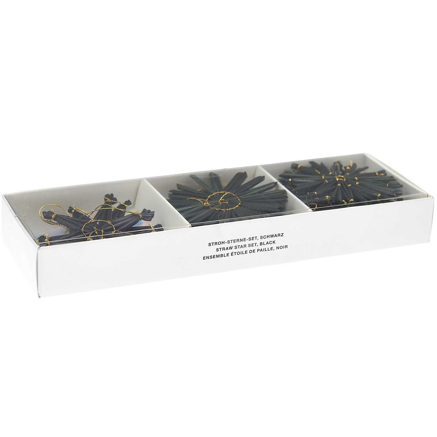 Strohstern-Set 6x6cm 9-teilig Farbe Schwarz von Rico Design Strohstern-Set 6x6cm: Neunteiliges Set schwarzer Strohsterne von Rico Design in einer Verpackung.