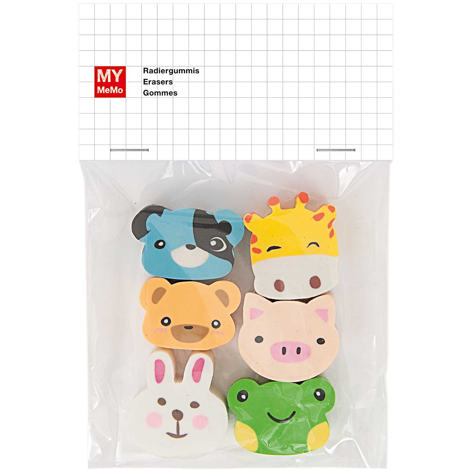 Radiergummis Tiergesichter 6 Stück: Sechs bunte Radiergummis in Tierform von Rico Design, darunter Hund, Giraffe, Bär, Schwein, Hase und Frosch.