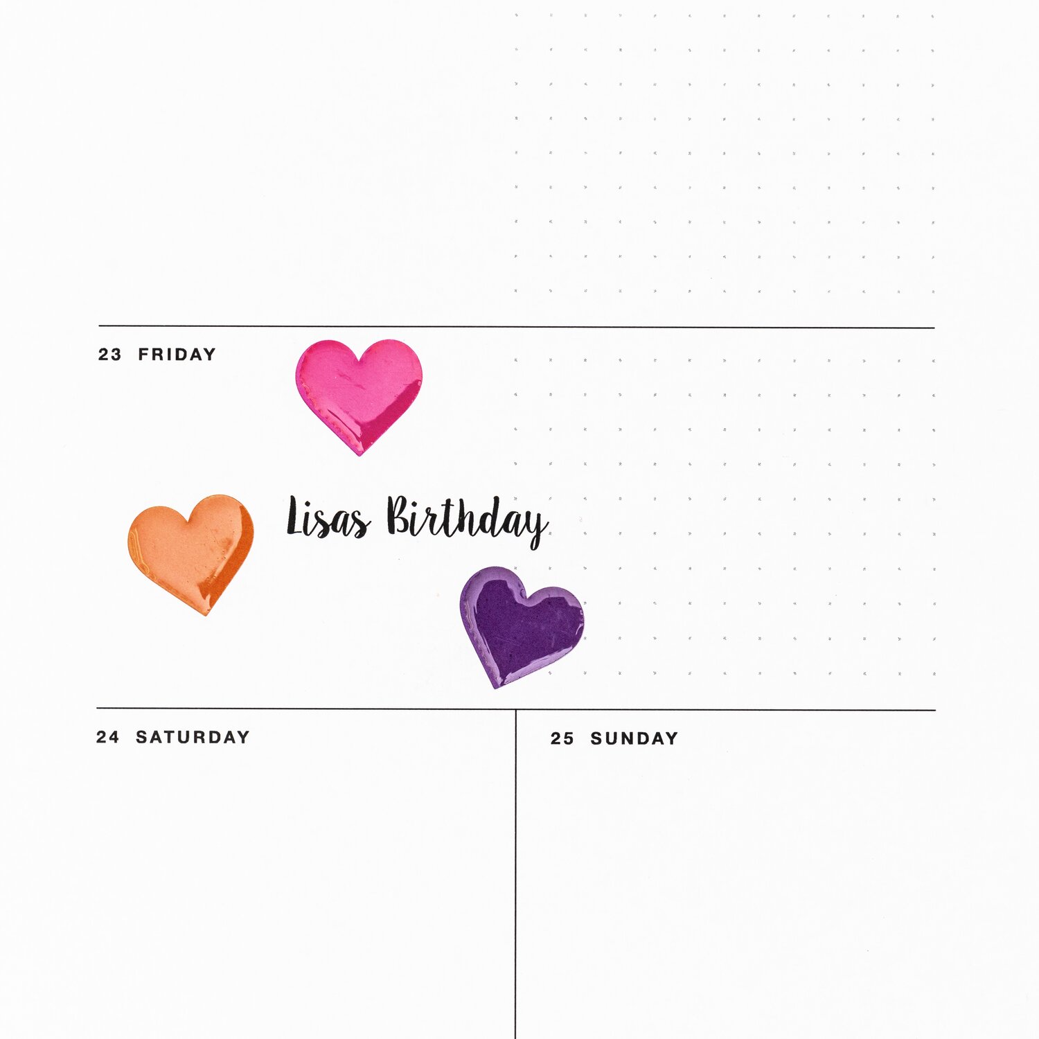 Paper Poetry Sticker Herzen mehrfarbig groß von Rico Design Paper Poetry Sticker Herzen mehrfarbig groß auf Kalenderseite mit "Lisas Birthday" am 23.