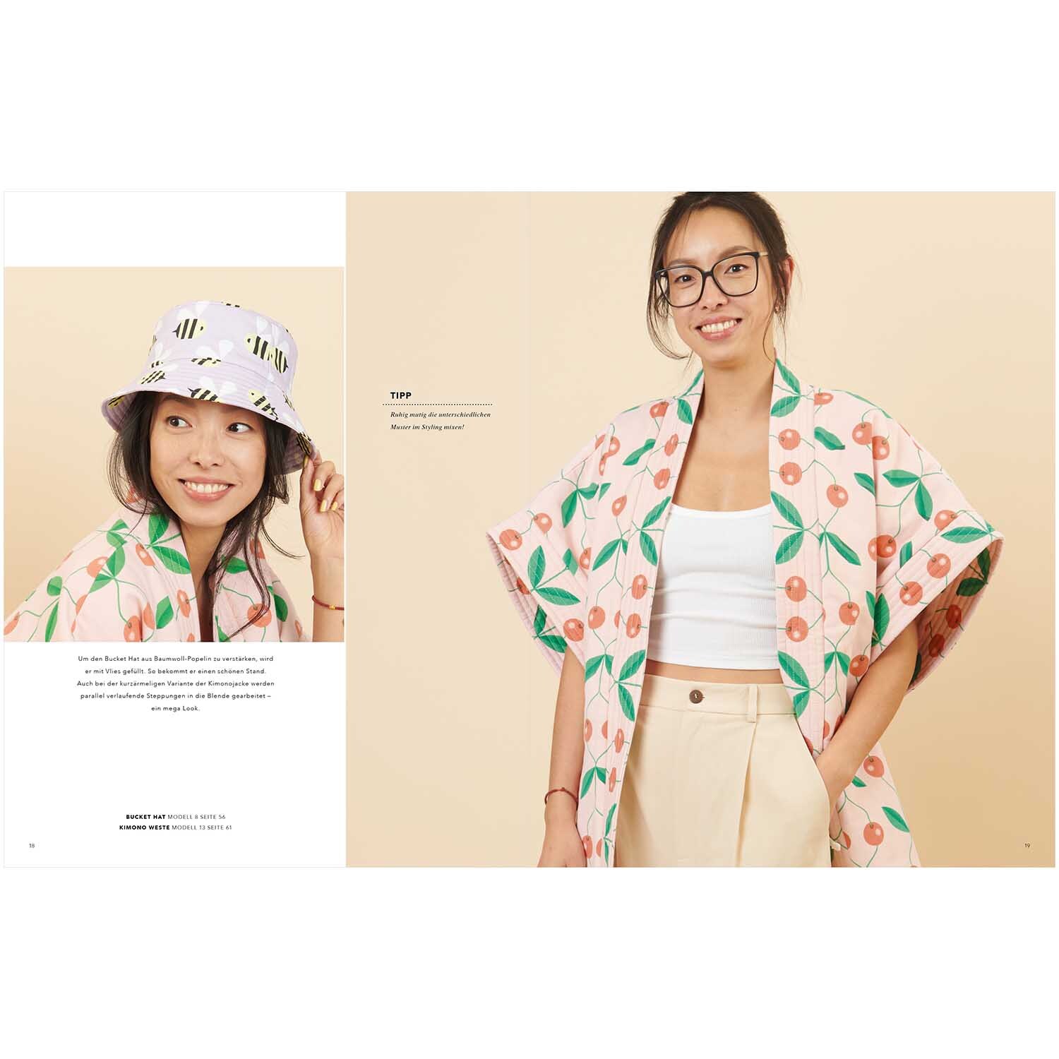 Das Rico Nähbuch Just Bees + Fruits + Flowers von Rico Design Das Rico Nähbuch Just Bees + Fruits + Flowers zeigt eine Frau in einem fruchtigen Kimono und Hut. Ideal für kreative Nähprojekte.
