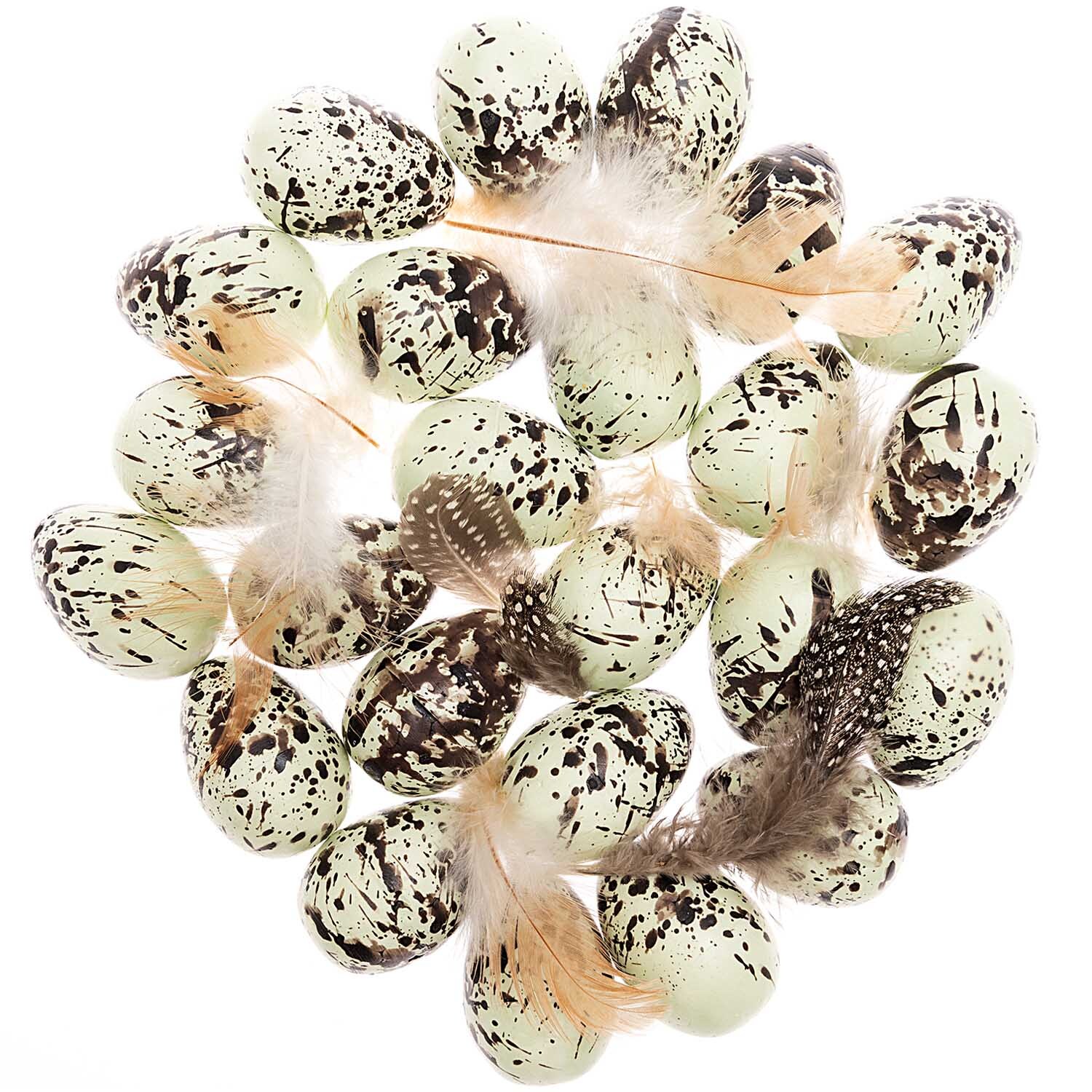 Eier und Federn grün-braun 4cm 24 Stück von Rico Design. Dekorative Eier mit Federn in natürlichen Farben. Ideal für kreative Bastelprojekte.