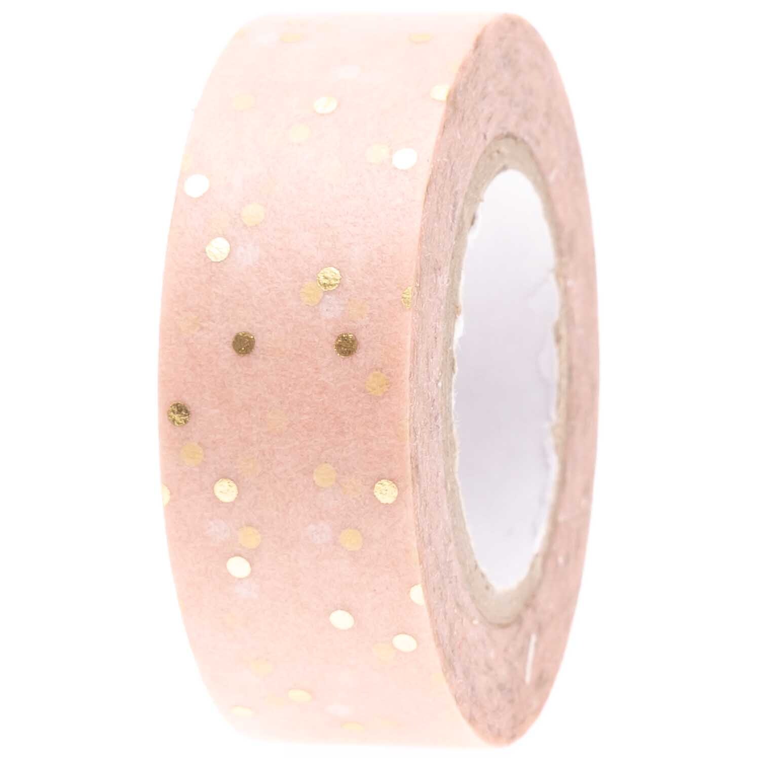 Paper Poetry Tape mit goldenen Punkten auf rosa Hintergrund, 1,5 cm breit, 10 m lang.