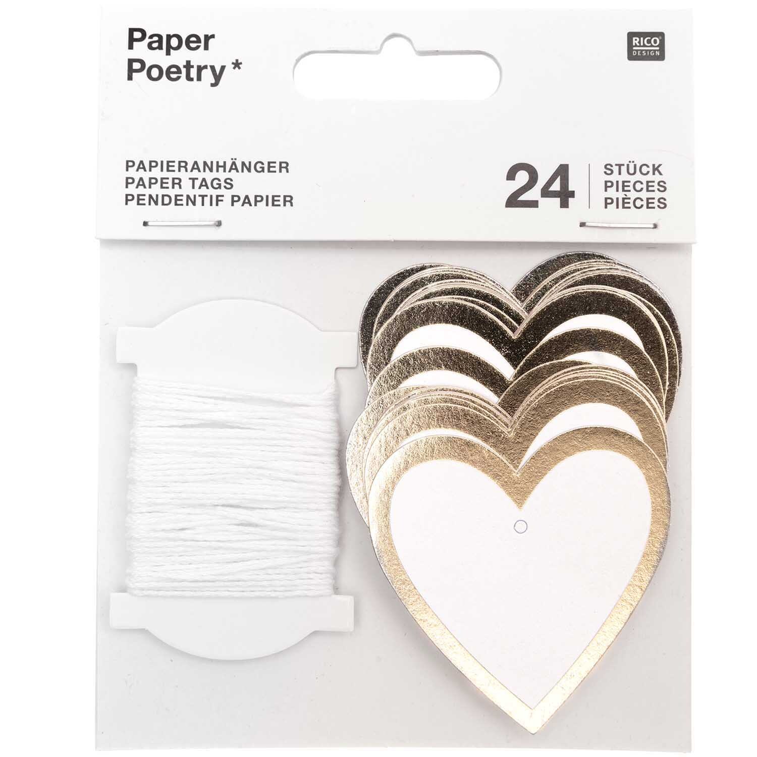 Paper Poetry Papieranhänger Herzen M 24 Stück Farbe Weiß-Gold von Rico Design Paper Poetry Papieranhänger Herzen M 24 Stück in Herzform mit weiß-goldenem Rand, ideal für kreative Dekorationen und Geschenke.