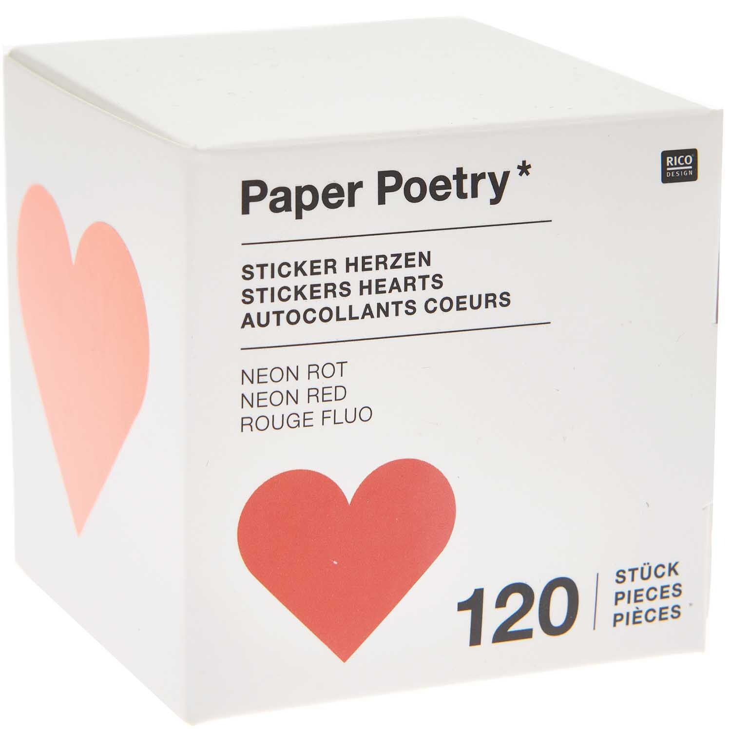 Paper Poetry Sticker Herzen 5cm 120 Stück auf der Rolle Farbe Neonrot von Rico Design Paper Poetry Sticker Herzen in Neonrot, 120 Stück auf Rolle, von Rico Design, auf weißem Hintergrund.