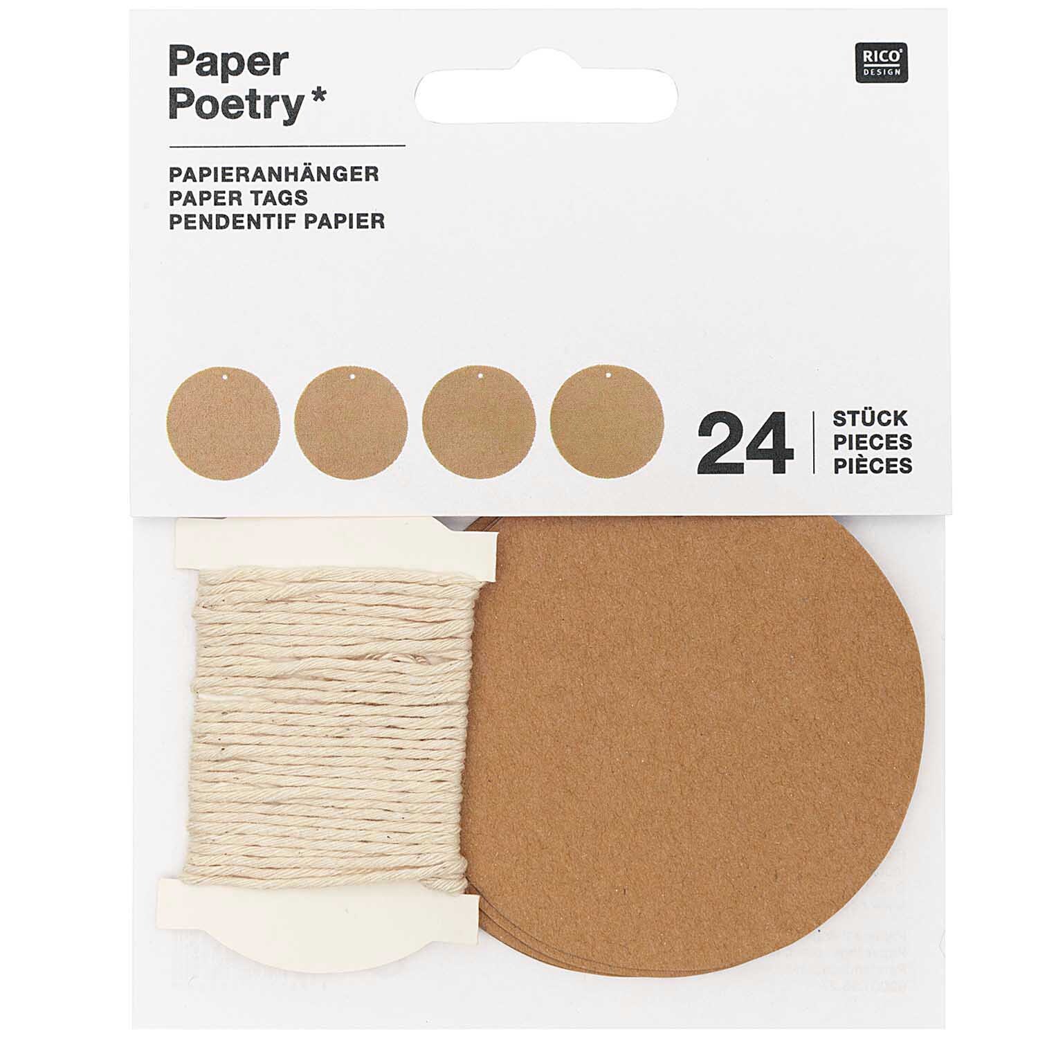 Paper Poetry Papieranhänger rund, 24 Stück aus Kraftpapier von Rico Design, ideal für kreative Projekte.