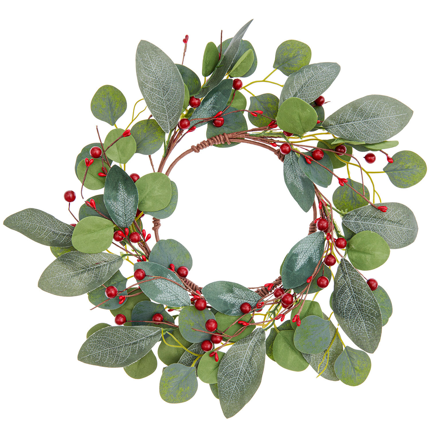 Kranz mit Blättern und Beeren 16,5cm von Rico Design, dekorativer Kranz mit grünen Blättern und roten Beeren.