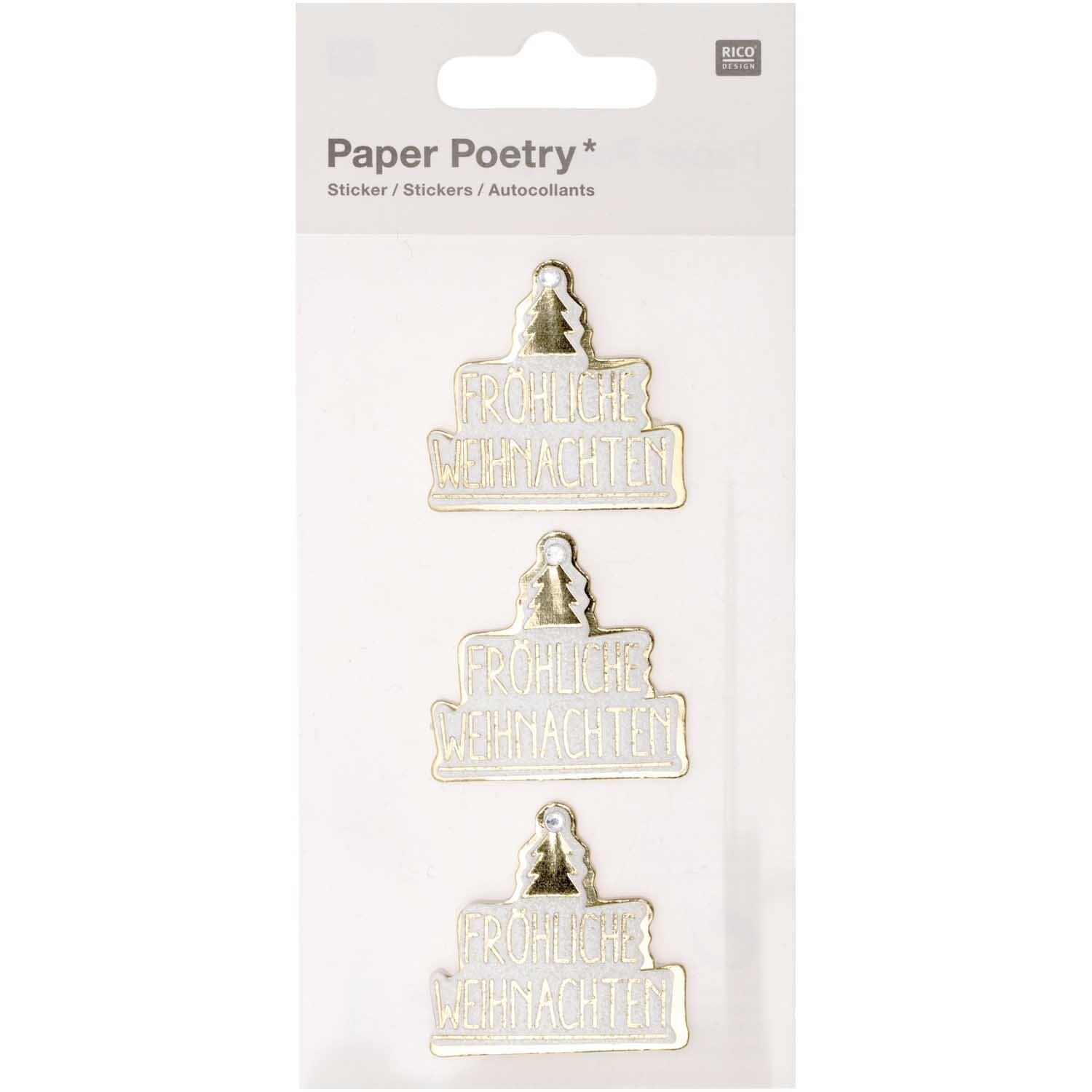 Paper Poetry 3D-Sticker Frohe Weihnachten: Drei goldene Sticker mit Tannenbaum-Motiv von Rico Design. Perfekt für festliche Dekorationen.
