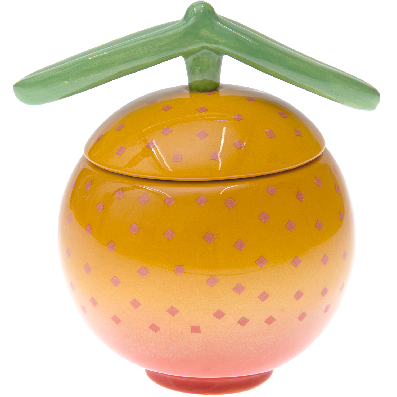 Keramik Dose Orange 12,5cm von Rico Design: Runde, orangefarbene Dose mit grünem Deckelgriff, ideal für stilvolle Aufbewahrung.