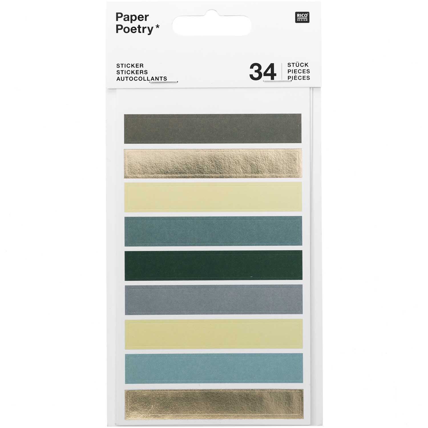 Paper Poetry Sticker Punkte & Streifen grün, 34 Stück von Rico Design, zeigen bunte Streifen in verschiedenen Farbtönen.
