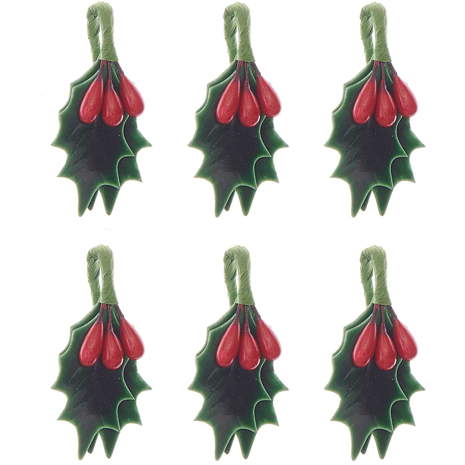 Picker Ilex 6,5cm 6 Stück von Rico Design: Sechs grüne Ilex-Zweige mit roten Beeren, ideal für Dekorationen.