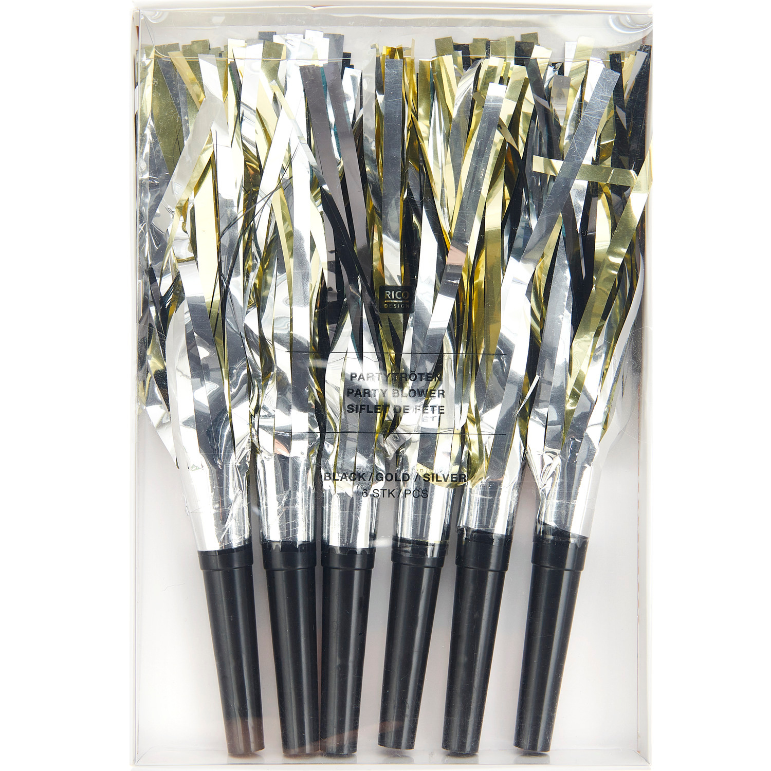 Partytröten Flitter schwarz-gold-silber 6 Stück von Rico Design