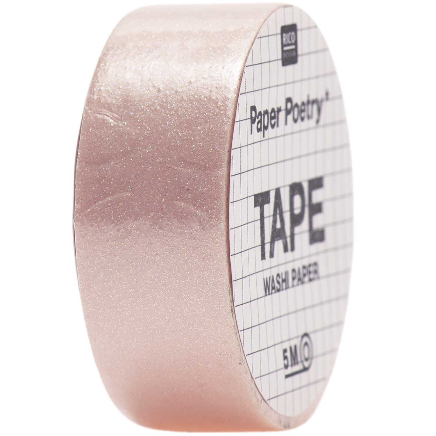 Paper Poetry Tape Glitter 15mm 5m Farbe Rosa von Rico Design Paper Poetry Tape Glitter 15mm 5m in Rosa von Rico Design, glänzend und dekorativ auf schwarzem Hintergrund.