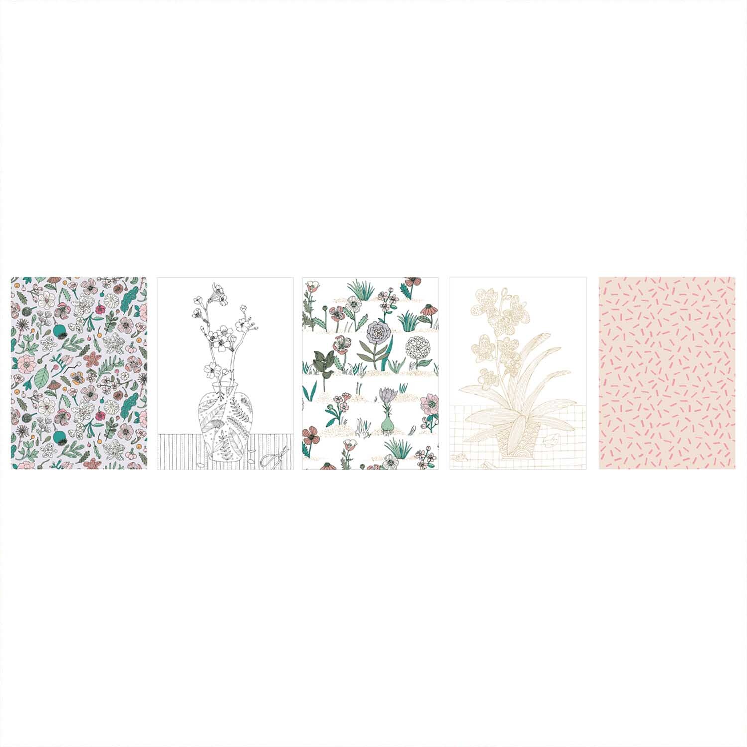 Paper Poetry Postkartenblock Hygge Flowers zeigt florale Muster in sanften Farben von Rico Design.