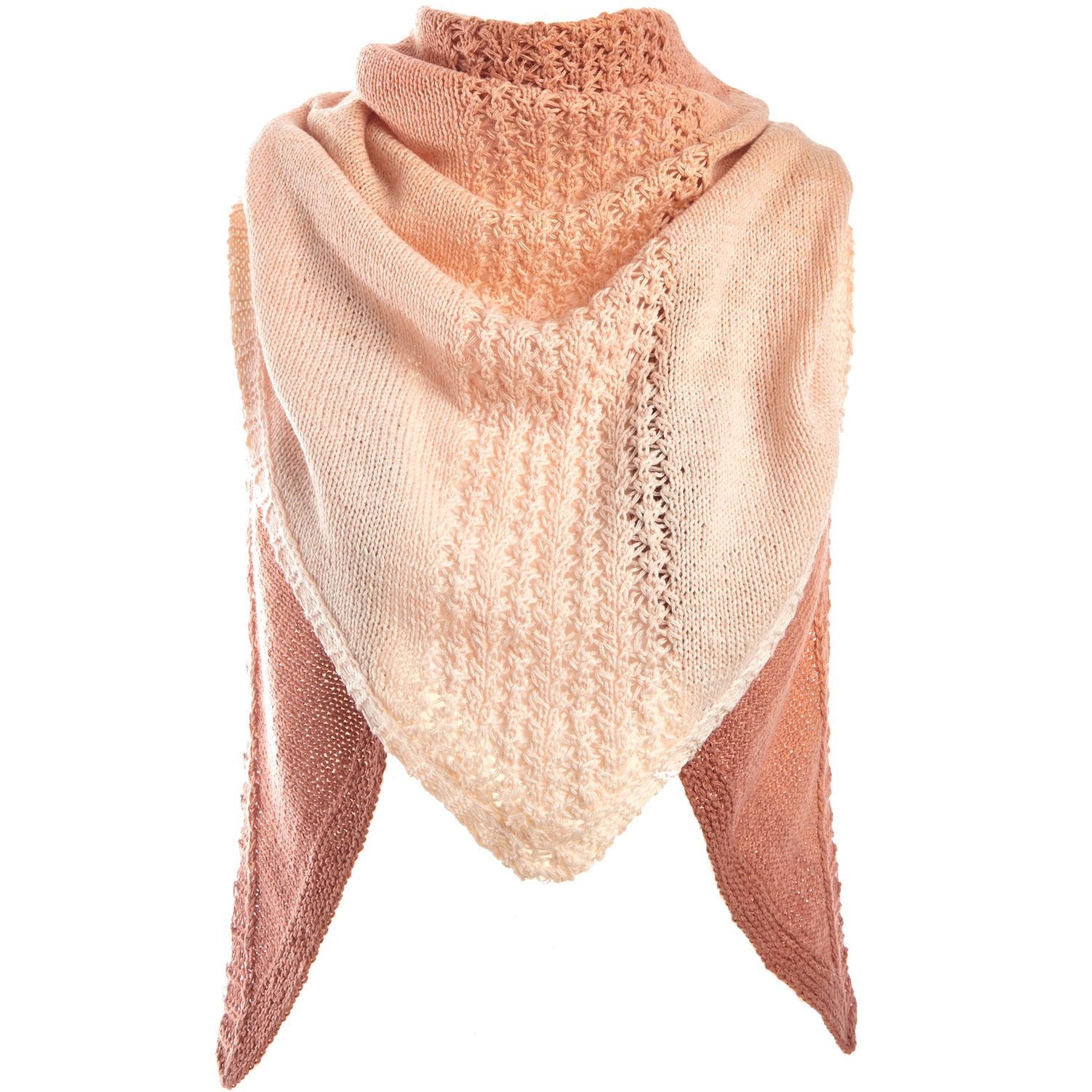 Creative Cotton Dégradé Lucky 8: Dreieckstuch in sanften Terracotta-Tönen, gestrickt aus Rico Design Garn.