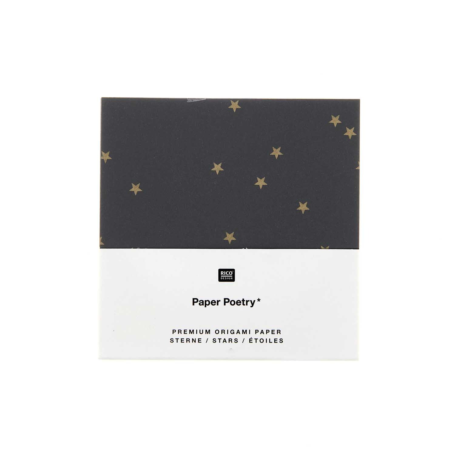 Paper Poetry Bascetta Origamipapier zeigt schwarze Blätter mit goldenen Sternen, ideal für kreative Projekte.