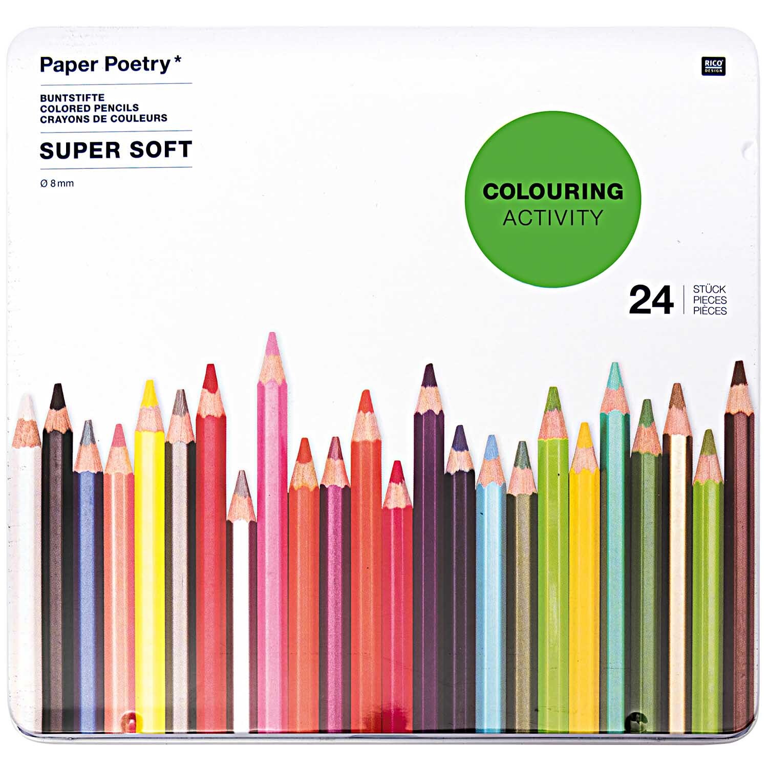 Paper Poetry Buntstifte Super Soft im Metalletui mit 24 leuchtenden Farben, ideal für kreative Projekte.