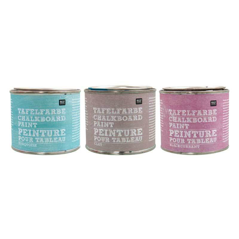 Tafelfarbe 250ml von Rico Design in drei Farben: Türkis, Grau und Beere. Ideal für kreative Projekte.
